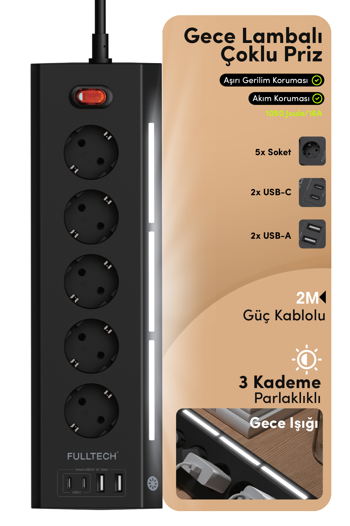 Fulltech FTR-26 Akım Korumalı Priz Siyah 9’lu (5 Priz + 2 USB-A + 2 USB-C) 3680W 16A, 2 Metre Kablolu, Gece Lambalı Çoklu Priz