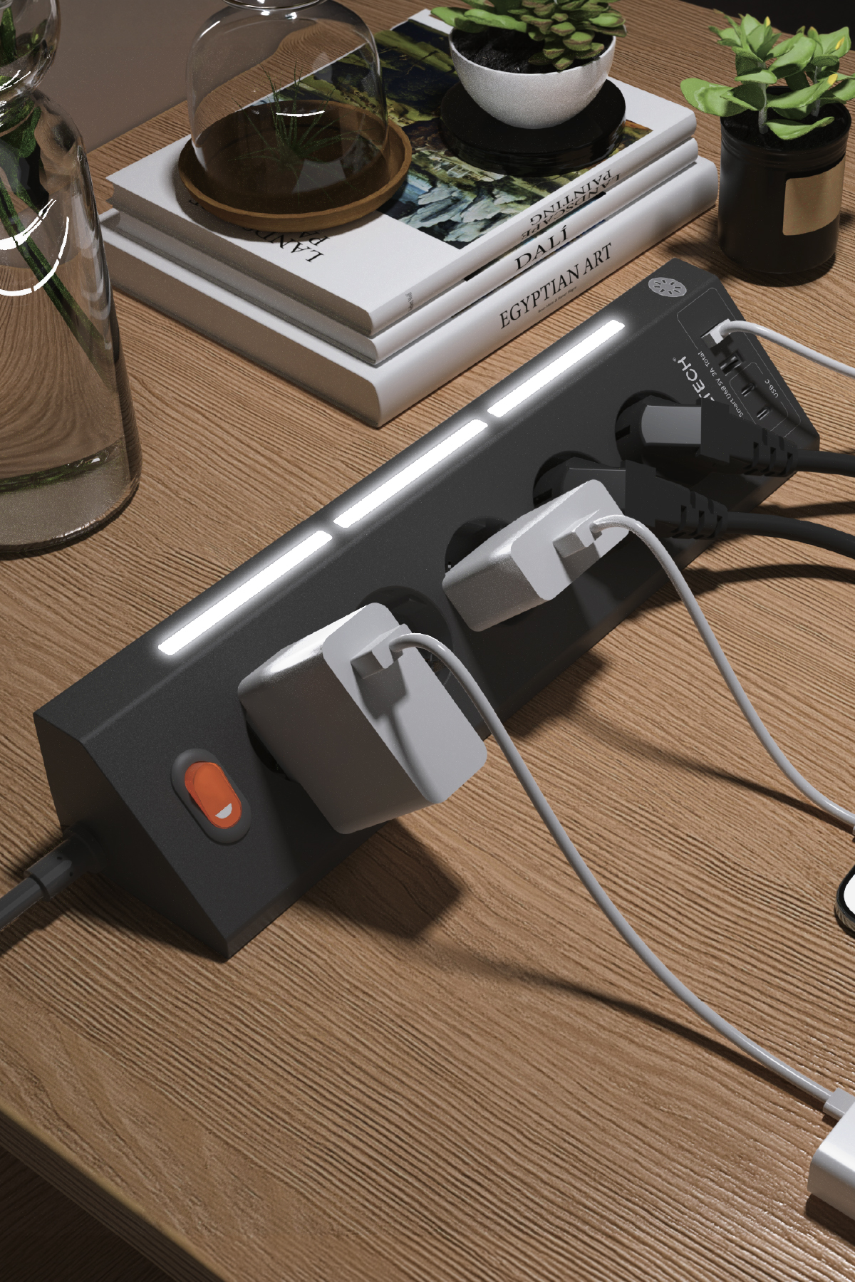 Fulltech FTR-26 Akım Korumalı Priz Siyah 9’lu (5 Priz + 2 USB-A + 2 USB-C) 3680W 16A, 2 Metre Kablolu, Gece Lambalı Çoklu Priz