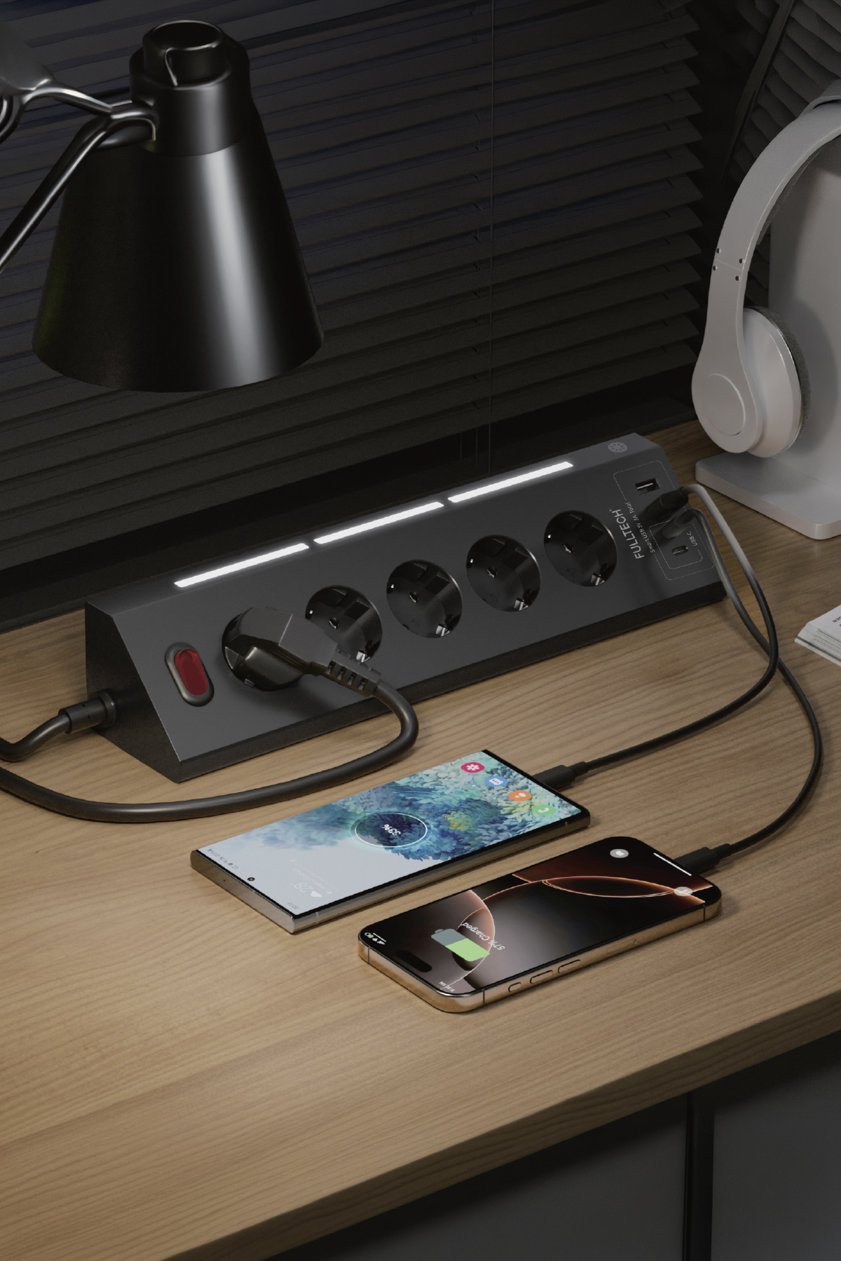 Fulltech FTR-26 Akım Korumalı Priz Siyah 9’lu (5 Priz + 2 USB-A + 2 USB-C) 3680W 16A, 2 Metre Kablolu, Gece Lambalı Çoklu Priz