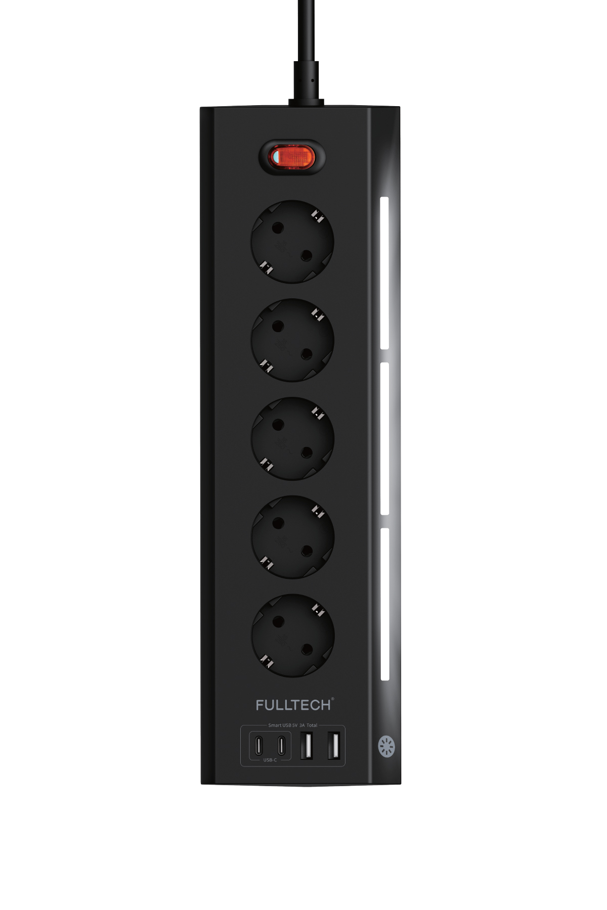 Fulltech FTR-26 Akım Korumalı Priz Siyah 9’lu (5 Priz + 2 USB-A + 2 USB-C) 3680W 16A, 2 Metre Kablolu, Gece Lambalı Çoklu Priz