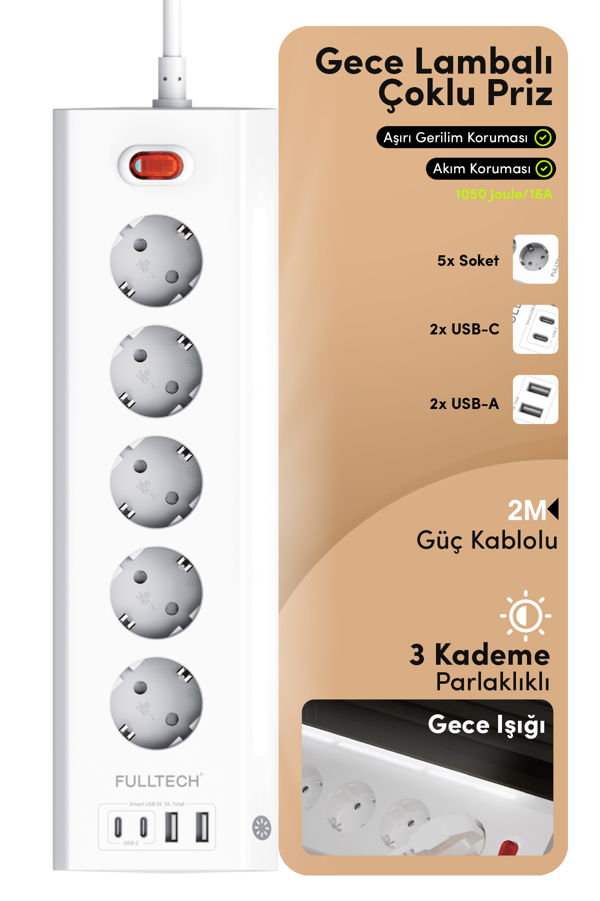 Fulltech FTR-26 Akım Korumalı Priz Beyaz 9’lu (5 Priz + 2 USB-A + 2 USB-C) 3680W 16A, 2 Metre Kablolu, Gece Lambalı Çoklu Priz