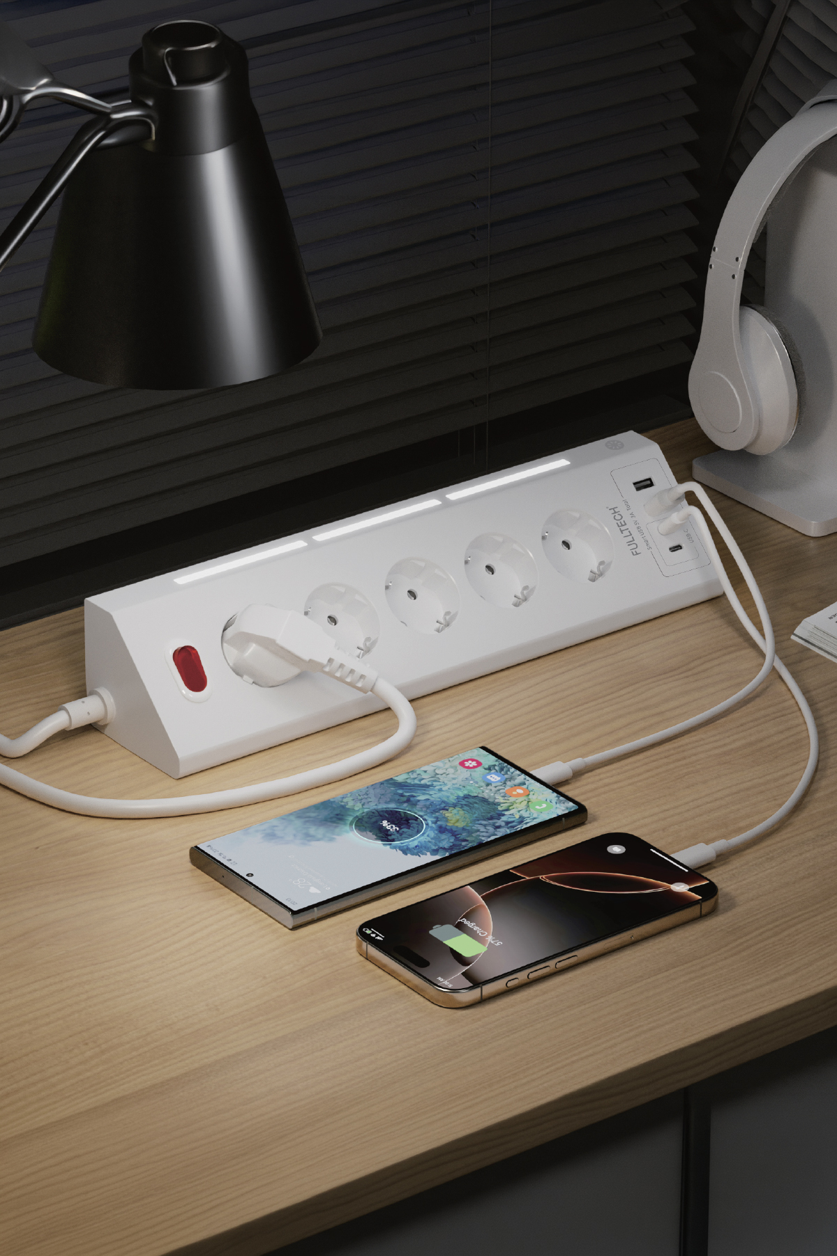 Fulltech FTR-26 Akım Korumalı Priz Beyaz 9’lu (5 Priz + 2 USB-A + 2 USB-C) 3680W 16A, 2 Metre Kablolu, Gece Lambalı Çoklu Priz