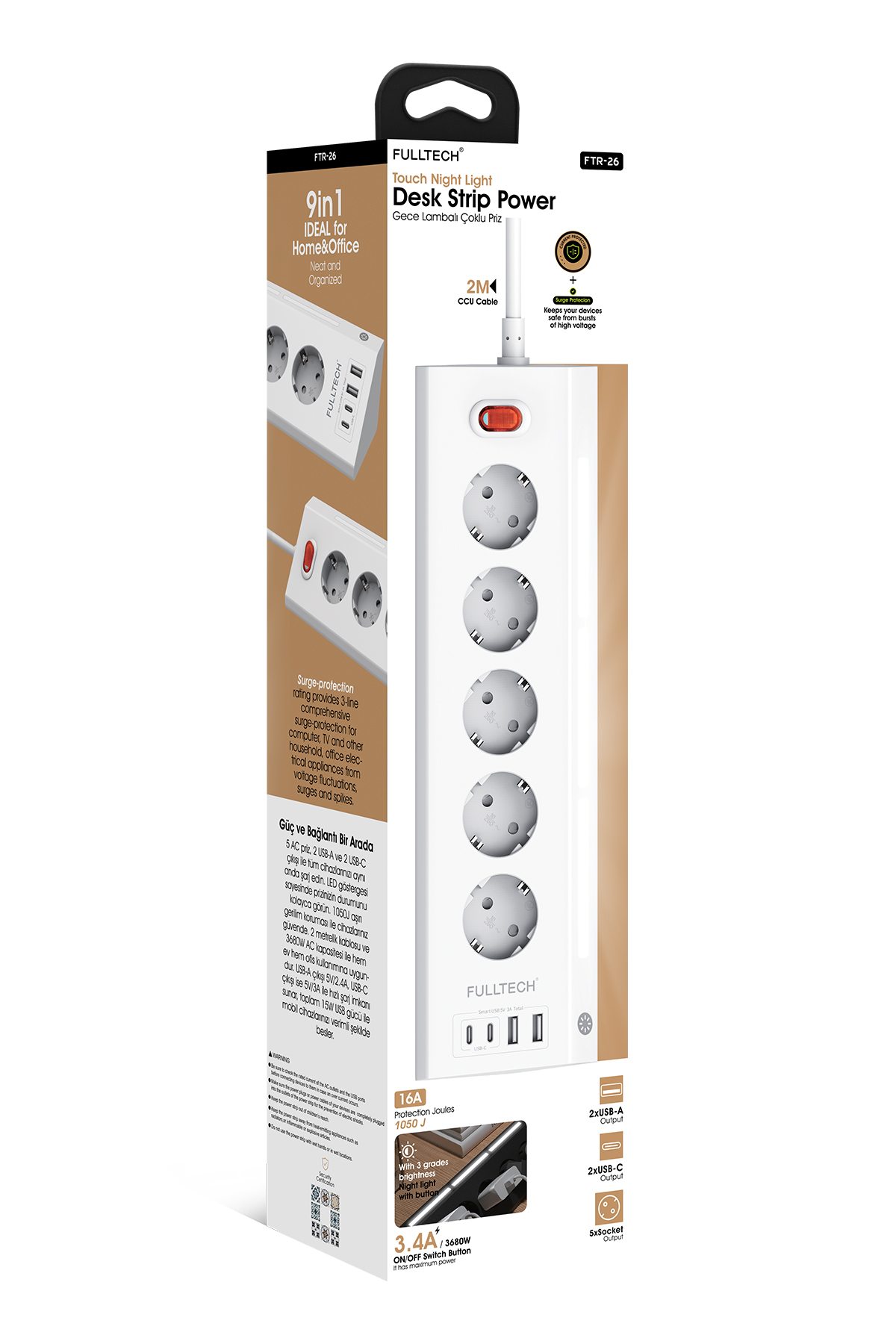 Fulltech FTR-26 Akım Korumalı Priz Beyaz 9’lu (5 Priz + 2 USB-A + 2 USB-C) 3680W 16A, 2 Metre Kablolu, Gece Lambalı Çoklu Priz