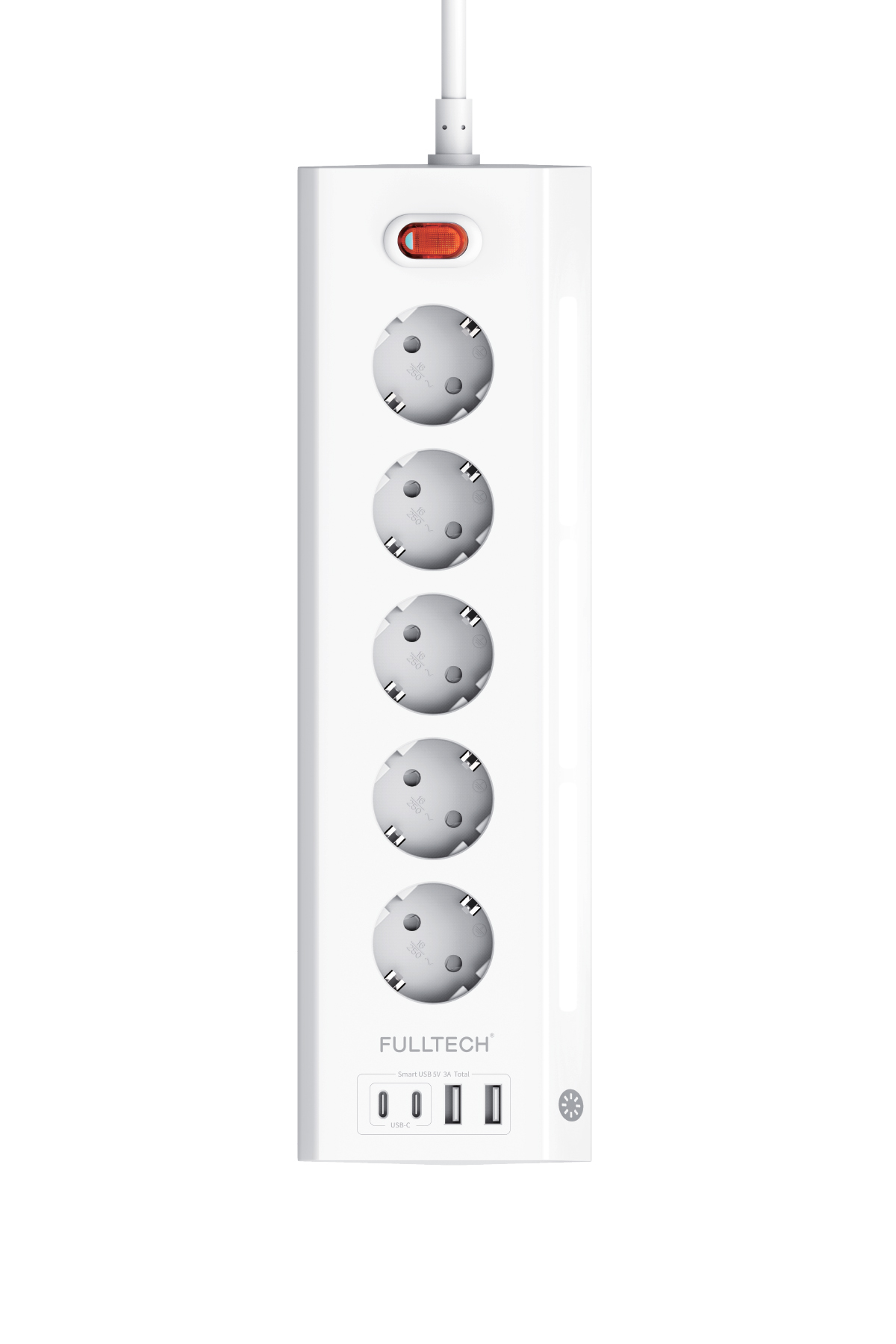 Fulltech FTR-26 Akım Korumalı Priz Beyaz 9’lu (5 Priz + 2 USB-A + 2 USB-C) 3680W 16A, 2 Metre Kablolu, Gece Lambalı Çoklu Priz