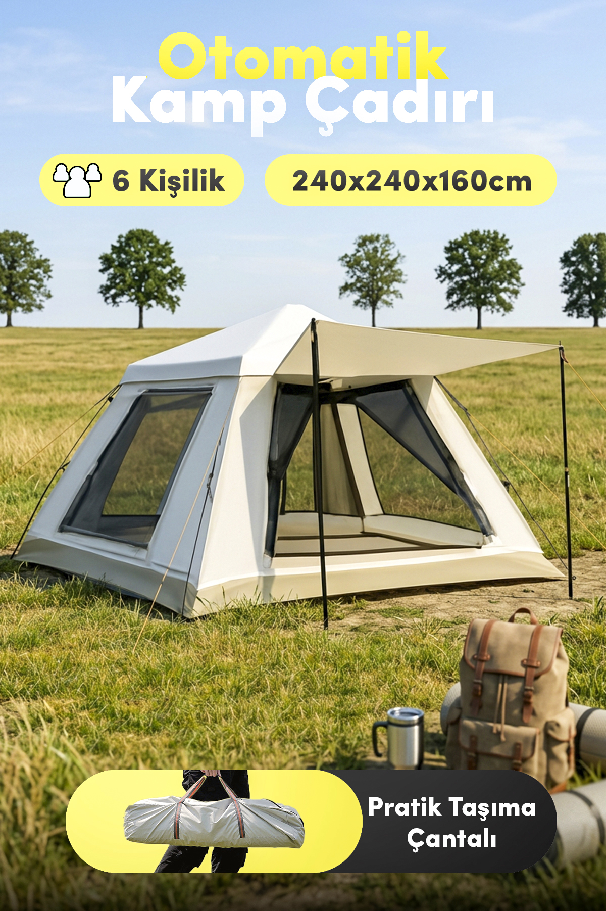 AUHMA AC6637 Otomatik Kamp Çadırı 6 Kişilik Krem – 1000mm Su Geçirmez, Oxford Kumaş, Güneş Barınaklı, Taşıma Çantalı Outdoor Çadır
