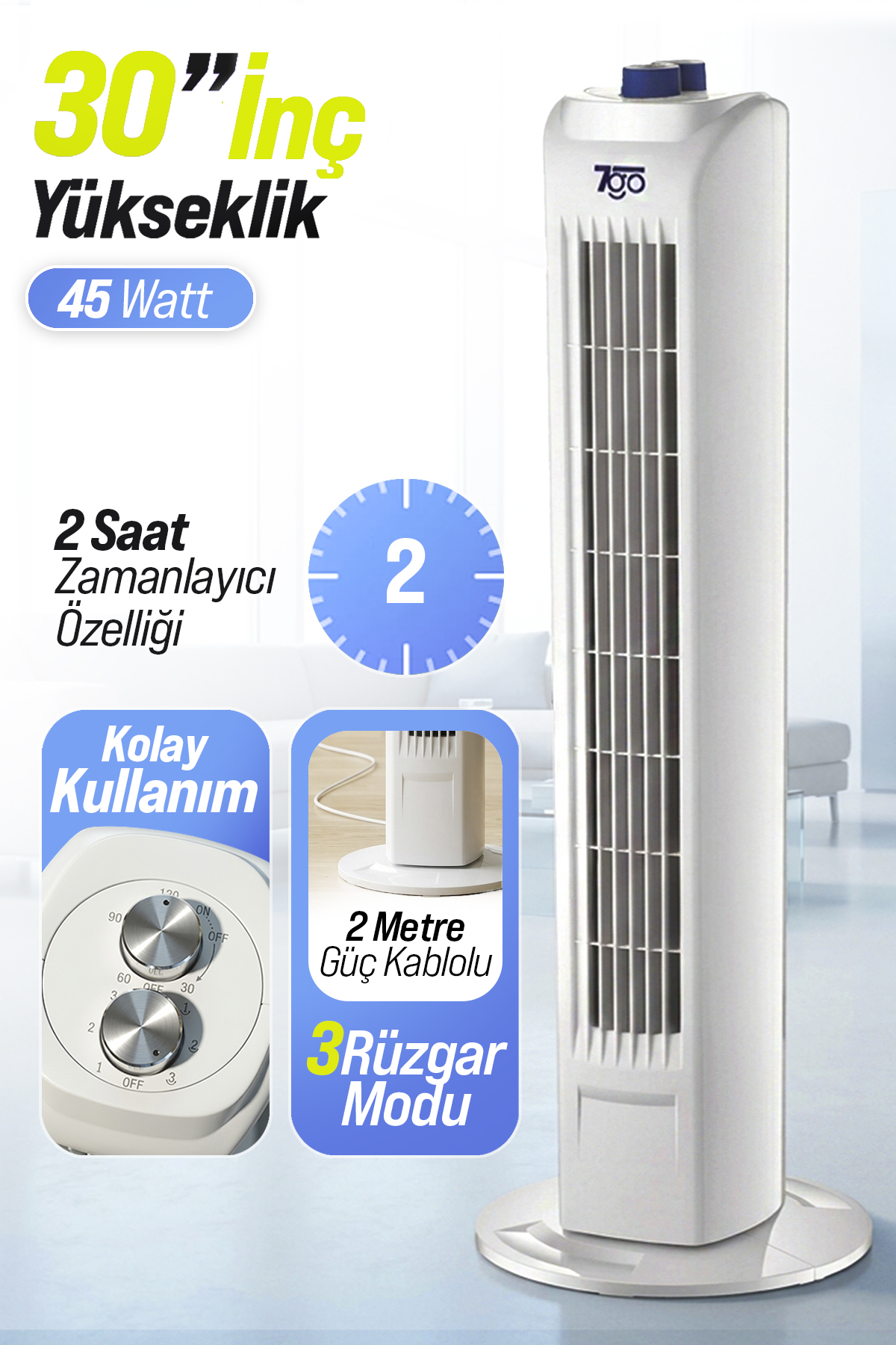 7GO 7GTF1 30 İnç Kule Tipi Vantilatör | 45W Güçlü Motor, 3 Kademeli Hız, Salınımlı, Zamanlayıcılı Tower Fan