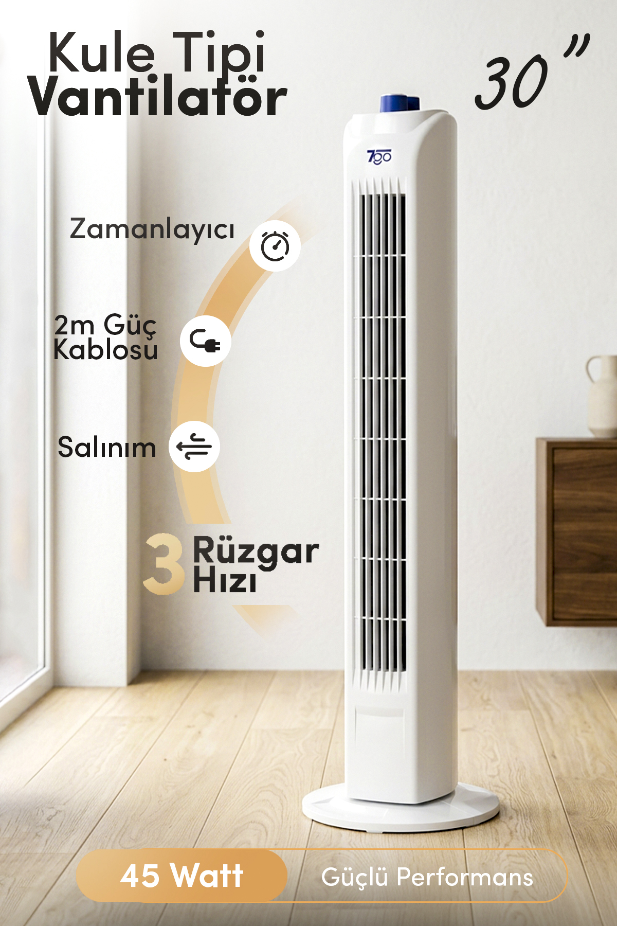 7GO 7GTF1 30 İnç Kule Tipi Vantilatör | 45W Güçlü Motor, 3 Kademeli Hız, Salınımlı, Zamanlayıcılı Tower Fan