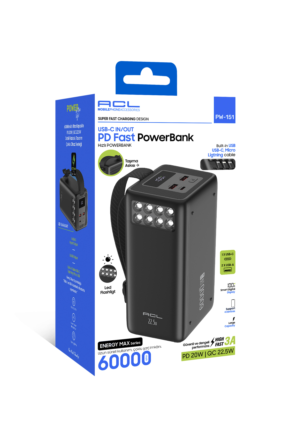 ACL PW-151 60000mAh Powerbank PD 20W QC 22.5W Hızlı Şarjlı – Dahili Kablolu, 4 Cihaz Destekli, LED Ekranlı Taşınabilir Şarj Cihazı