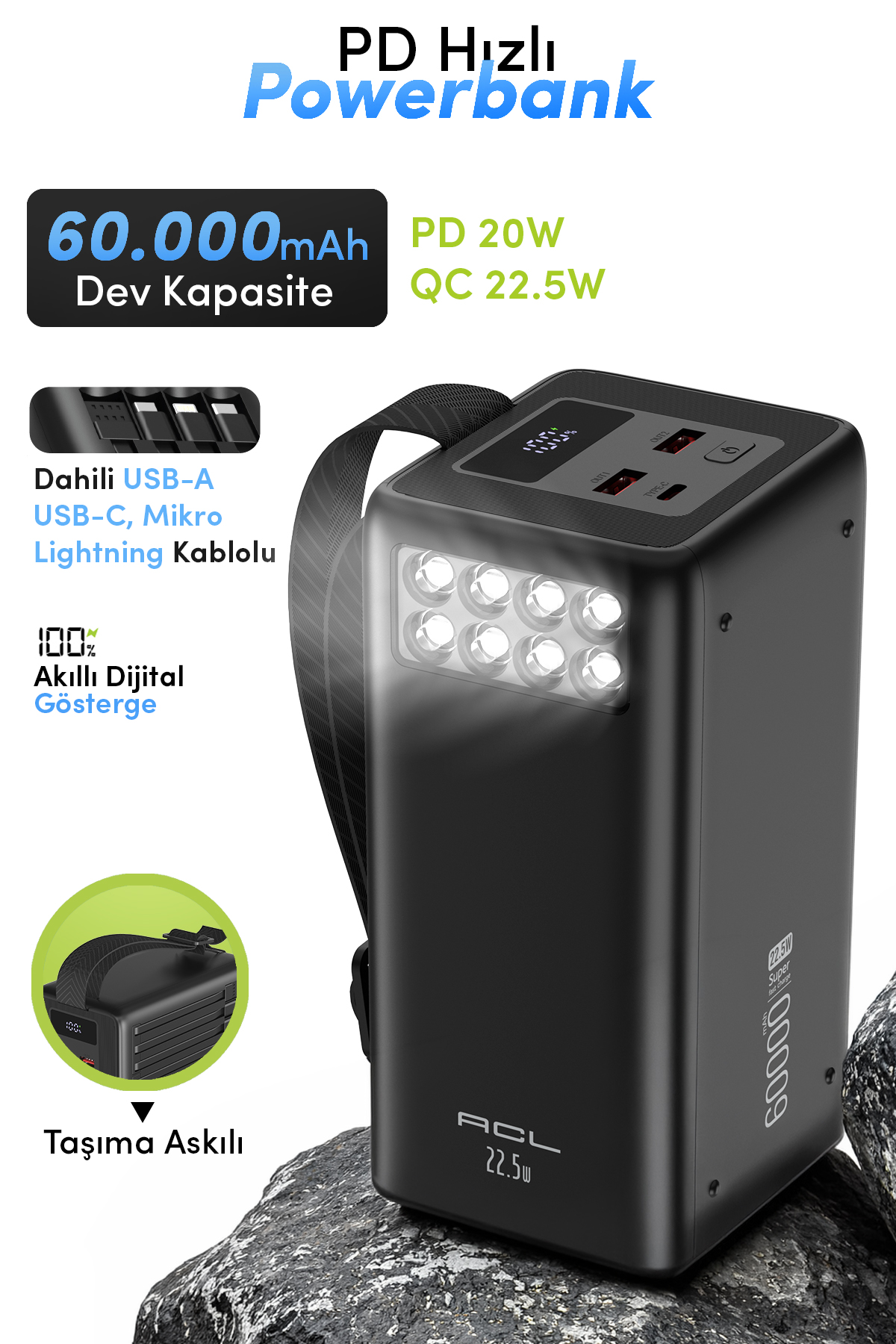 ACL PW-151 60000mAh Powerbank PD 20W QC 22.5W Hızlı Şarjlı – Dahili Kablolu, 4 Cihaz Destekli, LED Ekranlı Taşınabilir Şarj Cihazı