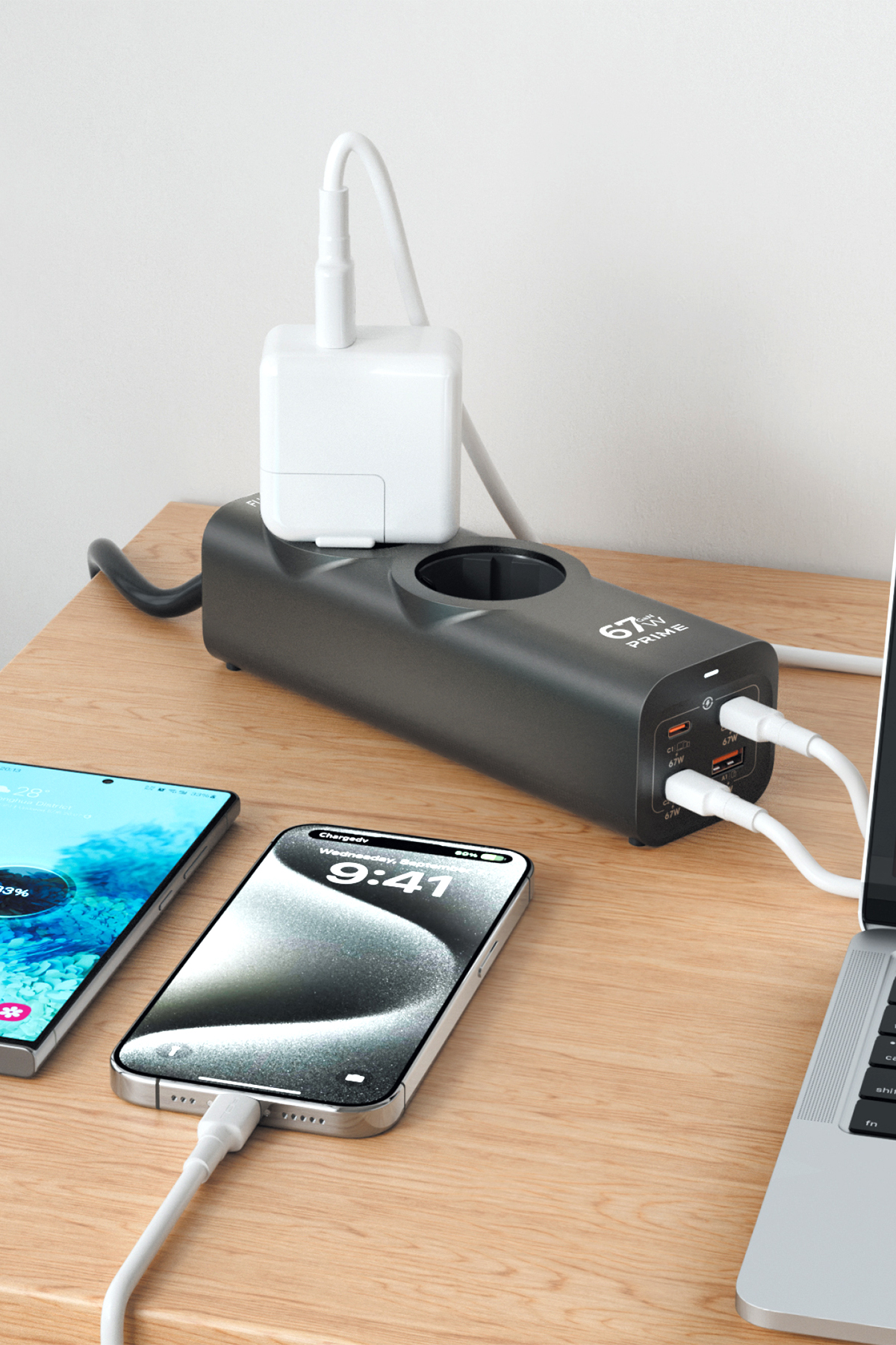 Fulltech FC54 67W GaN Masaüstü Şarj İstasyonu | 3x USB-C + USB-A + 2 Prizli Power Strip | Laptop Hızlı Şarj Hub (1.5m Kablo)