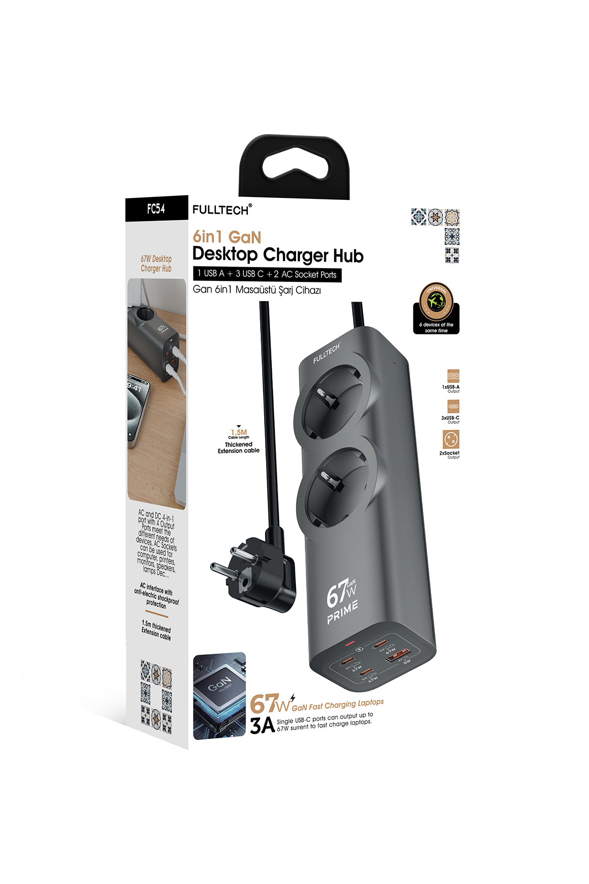 Fulltech FC54 67W GaN Masaüstü Şarj İstasyonu | 3x USB-C + USB-A + 2 Prizli Power Strip | Laptop Hızlı Şarj Hub (1.5m Kablo)
