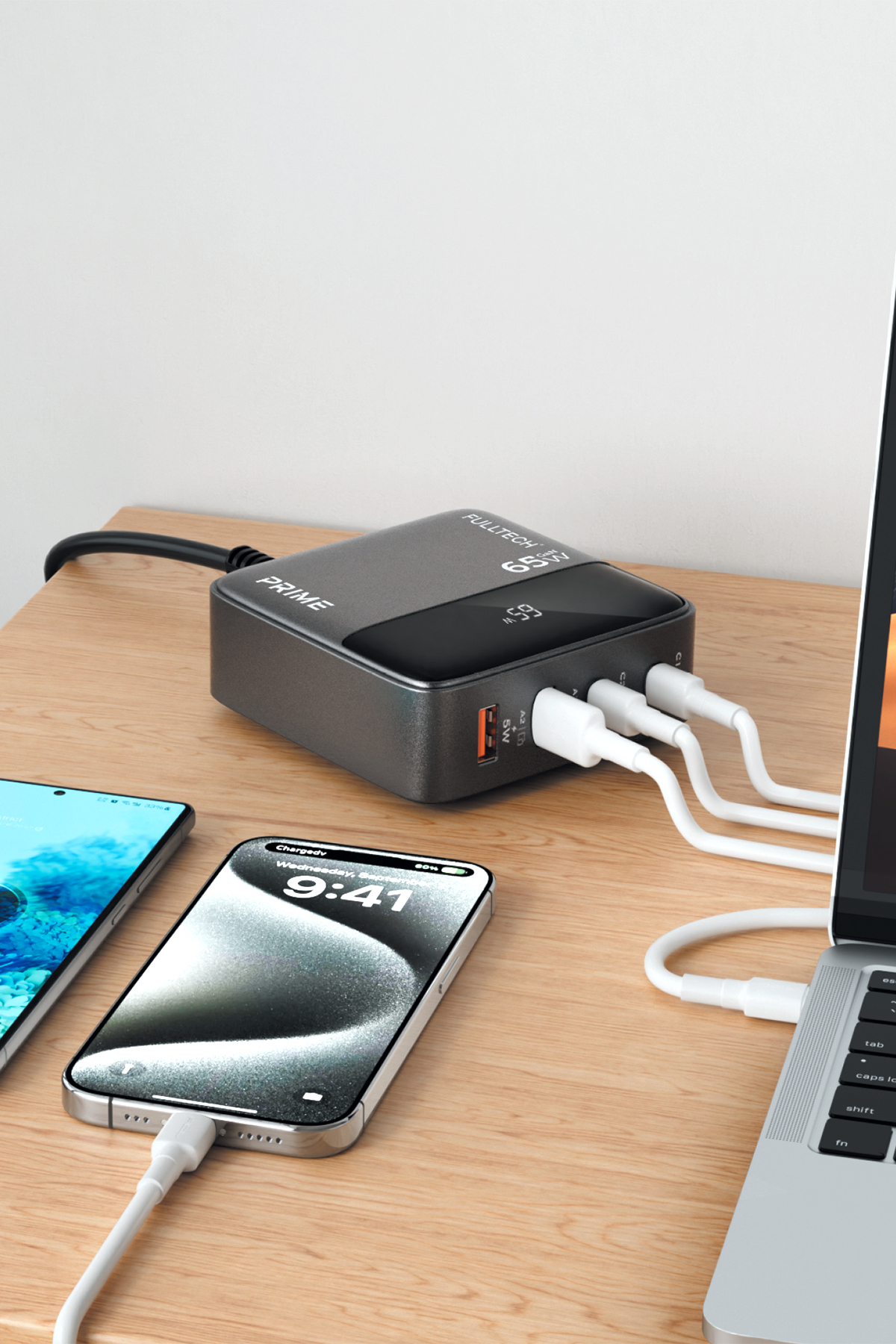 Fulltech FC55 65W GaN Masaüstü Şarj Cihazı 4’lü | 2x USB-C + 2x USB-A Hızlı Şarj Hub, LCD Ekranlı, 1.5m Kablolu Çoklu Şarj İstasyonu