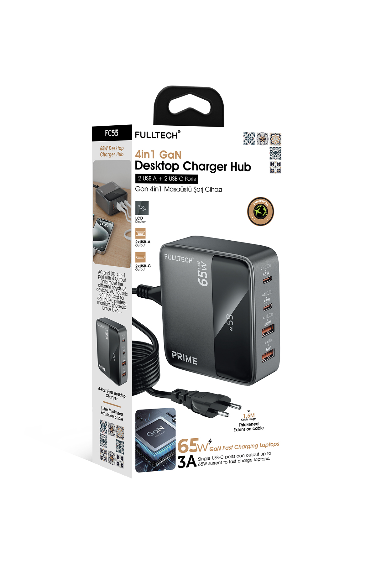 Fulltech FC55 65W GaN Masaüstü Şarj Cihazı 4’lü | 2x USB-C + 2x USB-A Hızlı Şarj Hub, LCD Ekranlı, 1.5m Kablolu Çoklu Şarj İstasyonu