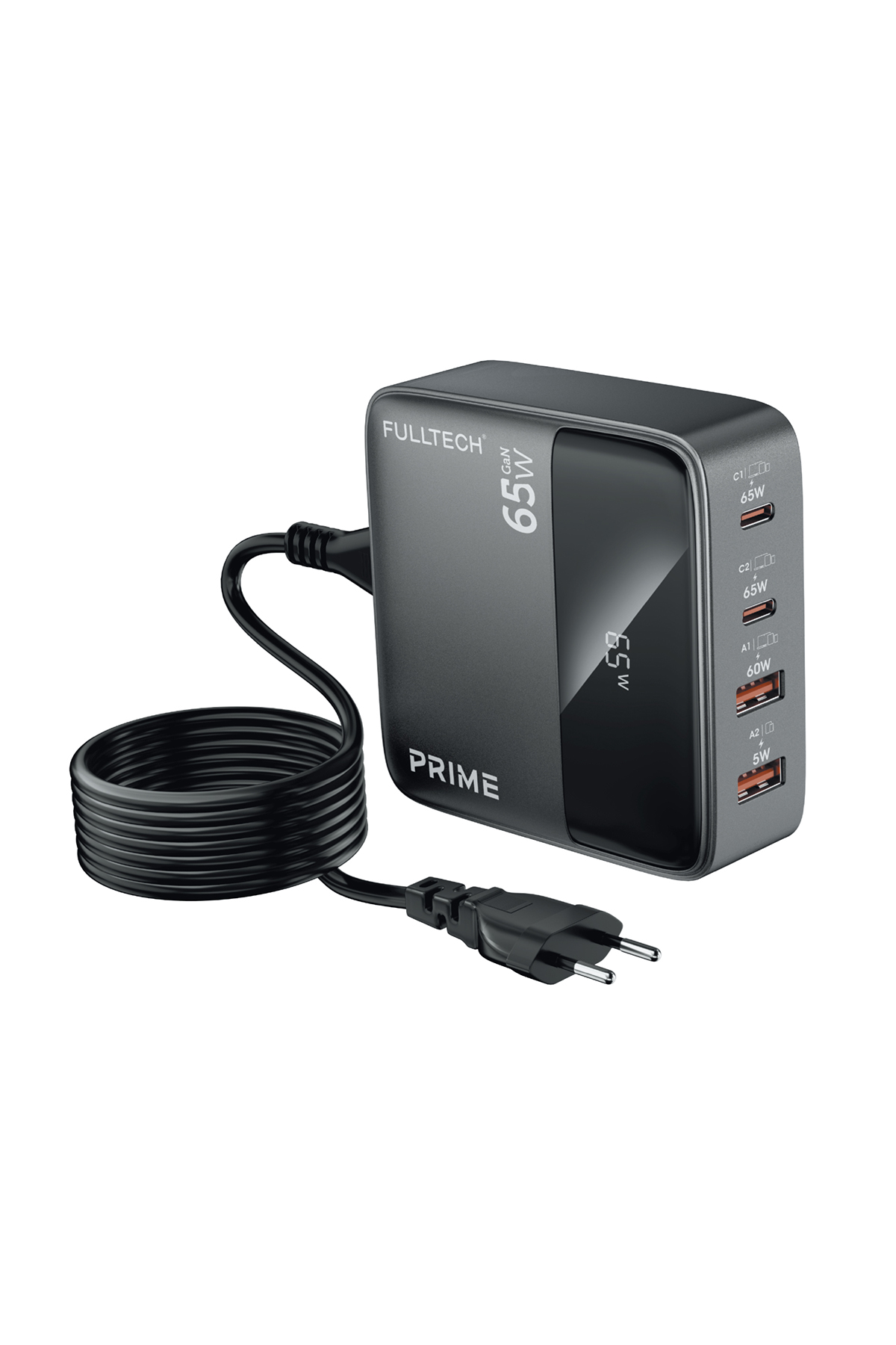Fulltech FC55 65W GaN Masaüstü Şarj Cihazı 4’lü | 2x USB-C + 2x USB-A Hızlı Şarj Hub, LCD Ekranlı, 1.5m Kablolu Çoklu Şarj İstasyonu