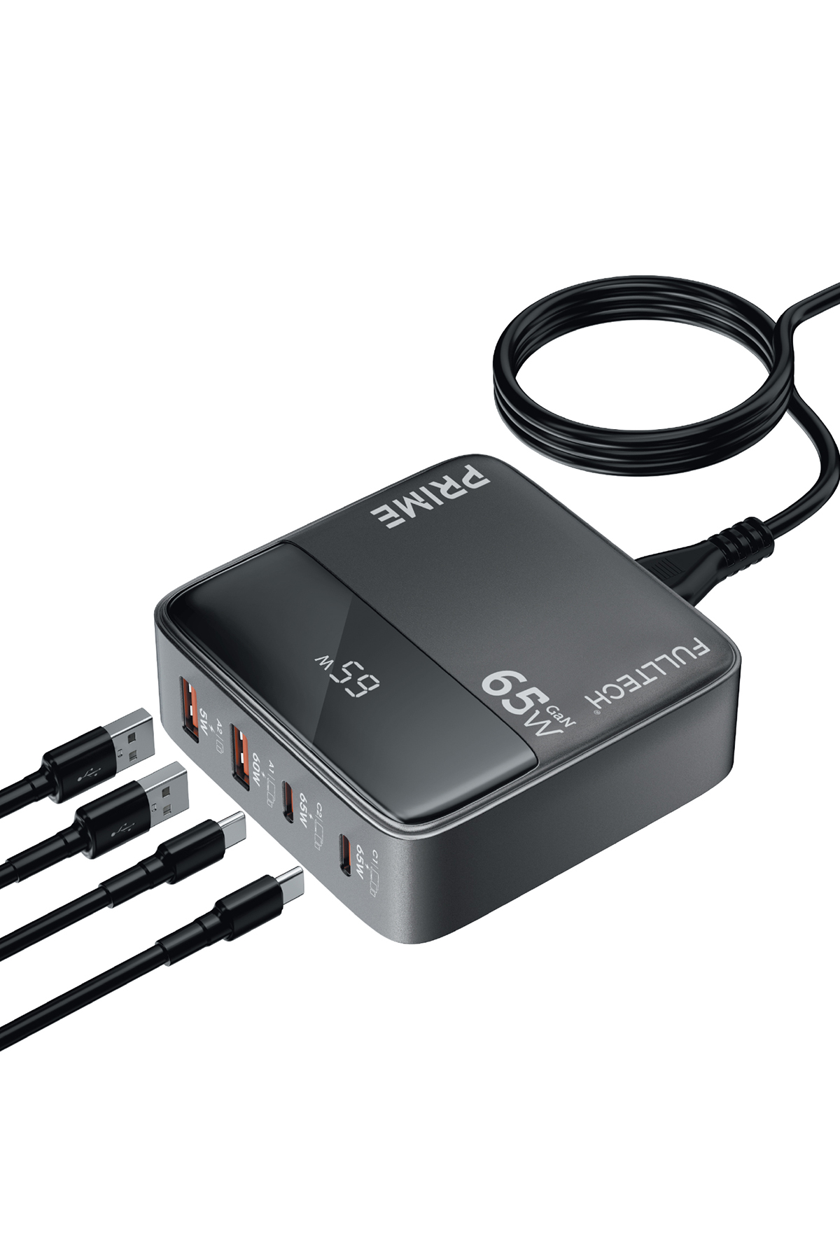 Fulltech FC55 65W GaN Masaüstü Şarj Cihazı 4’lü | 2x USB-C + 2x USB-A Hızlı Şarj Hub, LCD Ekranlı, 1.5m Kablolu Çoklu Şarj İstasyonu