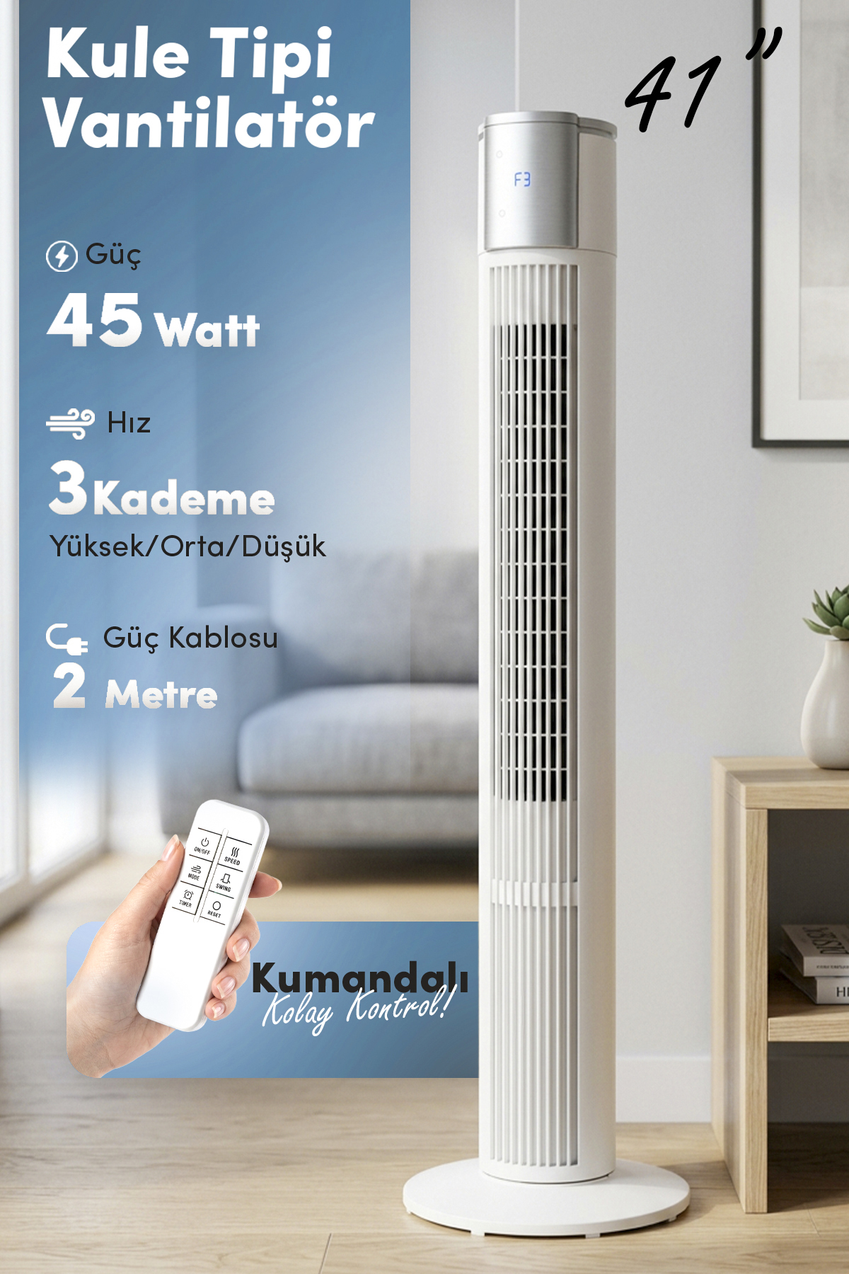 7GO 7GTF2 41 İnç Kule Tipi Vantilatör Beyaz | 45W Turbo Force, Uzaktan Kumandalı, Sessiz, Zaman Ayarlı Tower Fan