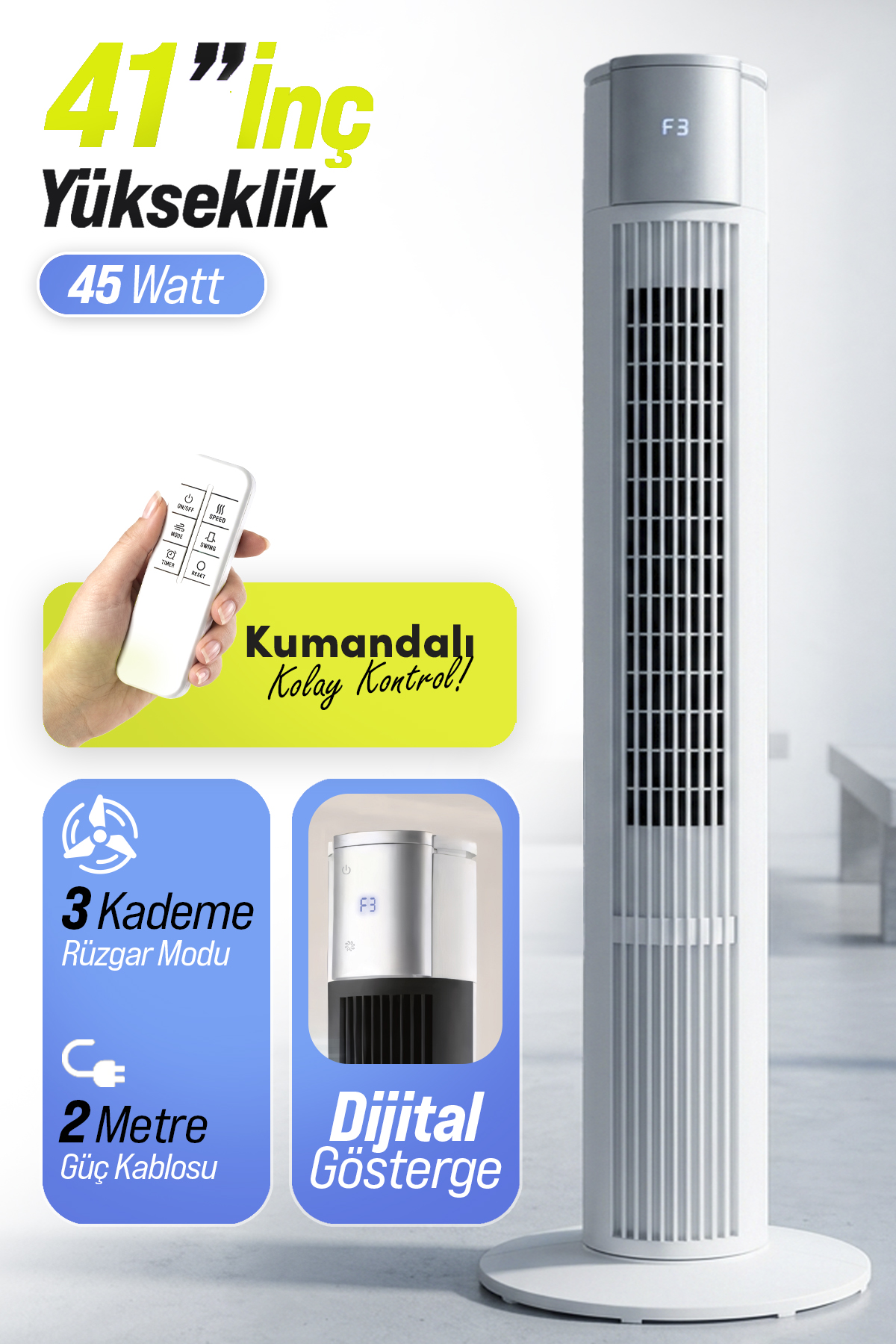 7GO 7GTF2 41 İnç Kule Tipi Vantilatör Beyaz | 45W Turbo Force, Uzaktan Kumandalı, Sessiz, Zaman Ayarlı Tower Fan