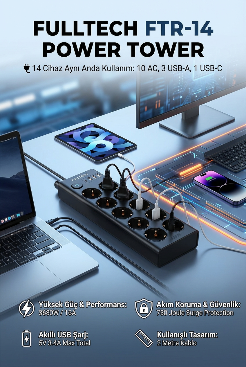 Fulltech FTR-14 Çoklu Priz 10’lu + 3 USB + 1 Type-C 3680W 16A Anahtarlı Akım Korumalı Uzatma Prizi (2 Metre Kablo)