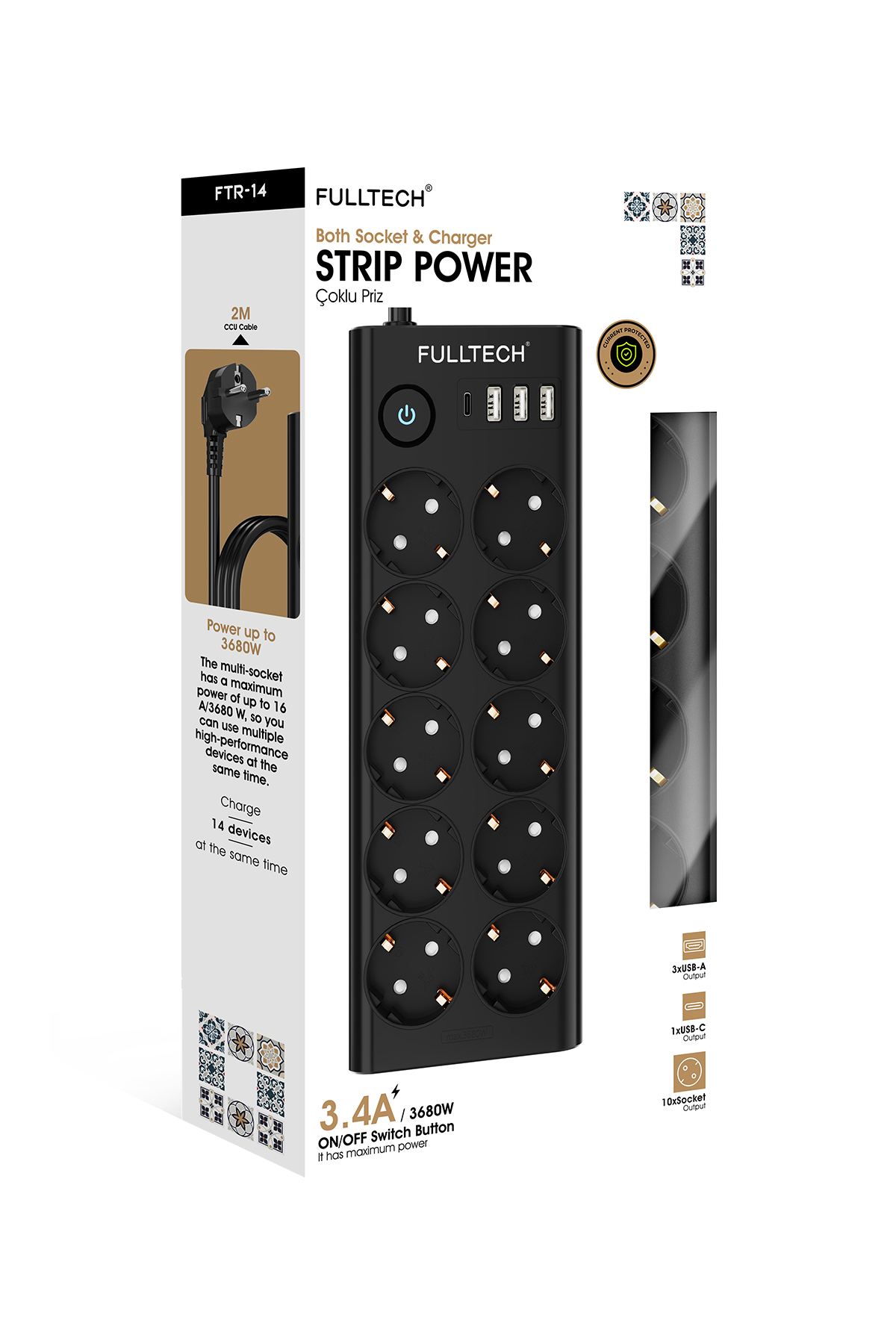 Fulltech FTR-14 Çoklu Priz 10’lu + 3 USB + 1 Type-C 3680W 16A Anahtarlı Akım Korumalı Uzatma Prizi (2 Metre Kablo)