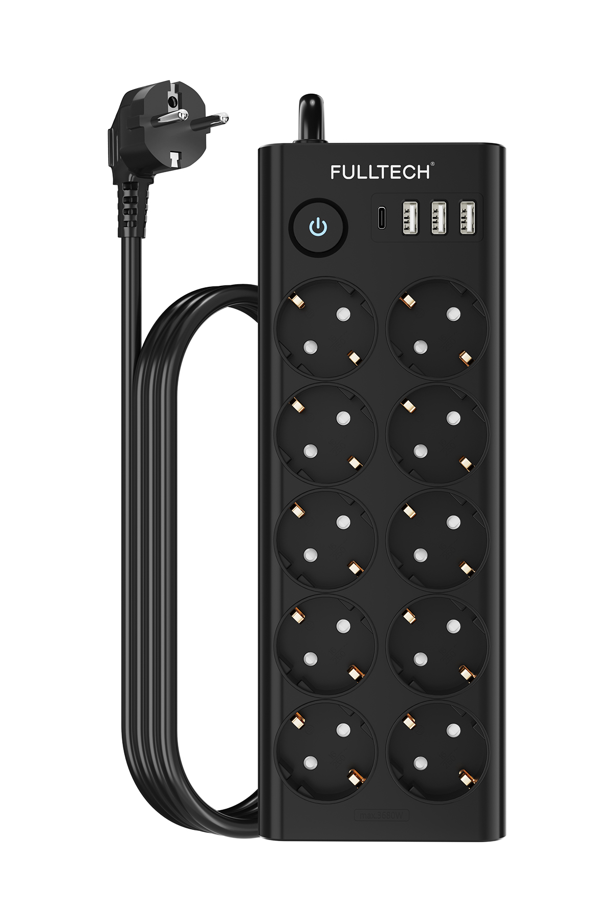 Fulltech FTR-14 Çoklu Priz 10’lu + 3 USB + 1 Type-C 3680W 16A Anahtarlı Akım Korumalı Uzatma Prizi (2 Metre Kablo)