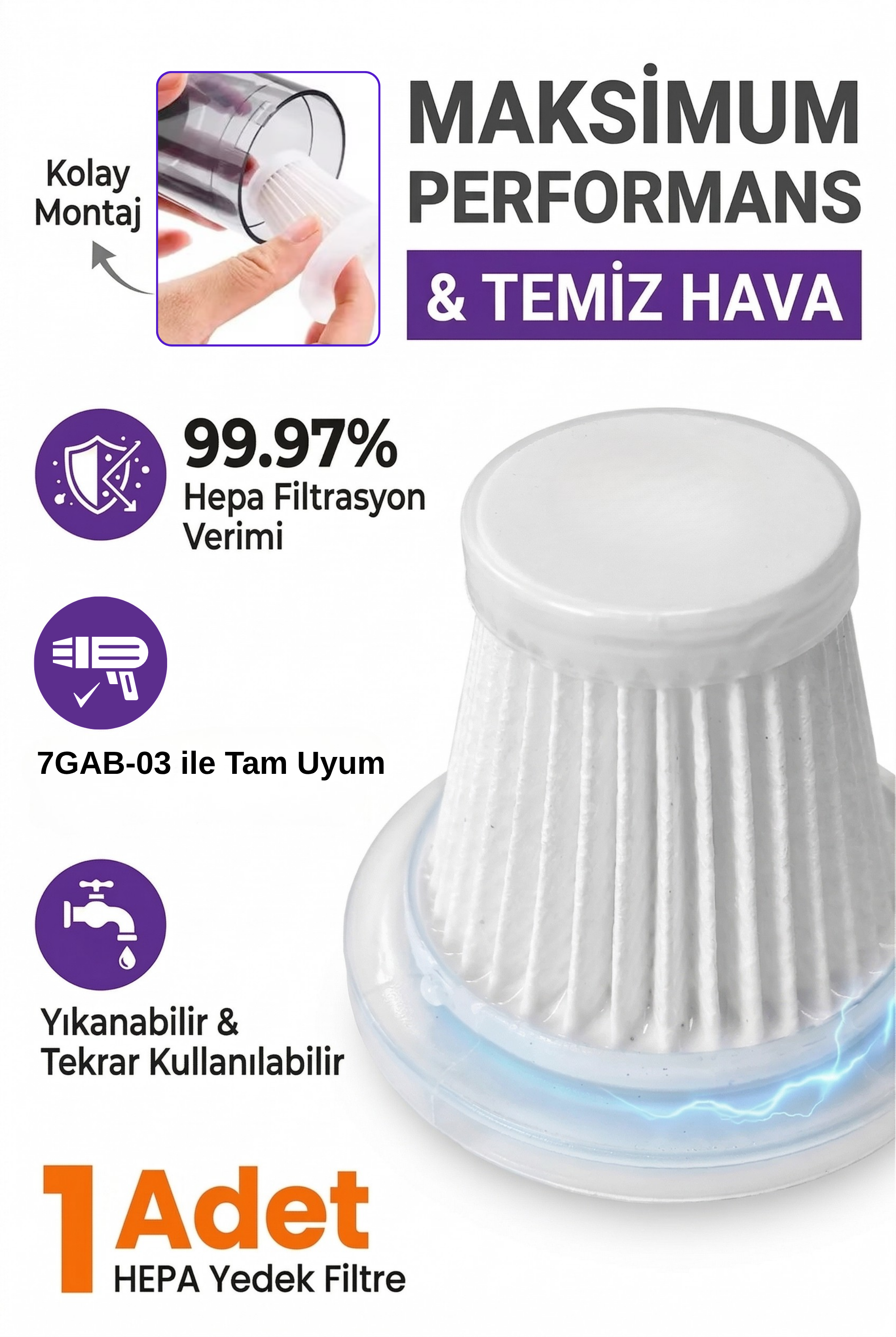 7GAB-03 Uyumlu Yedek HEPA Filtre – Araç İçi Süpürge Filtre Seti | Yıkanabilir, Yüksek Filtrasyon
