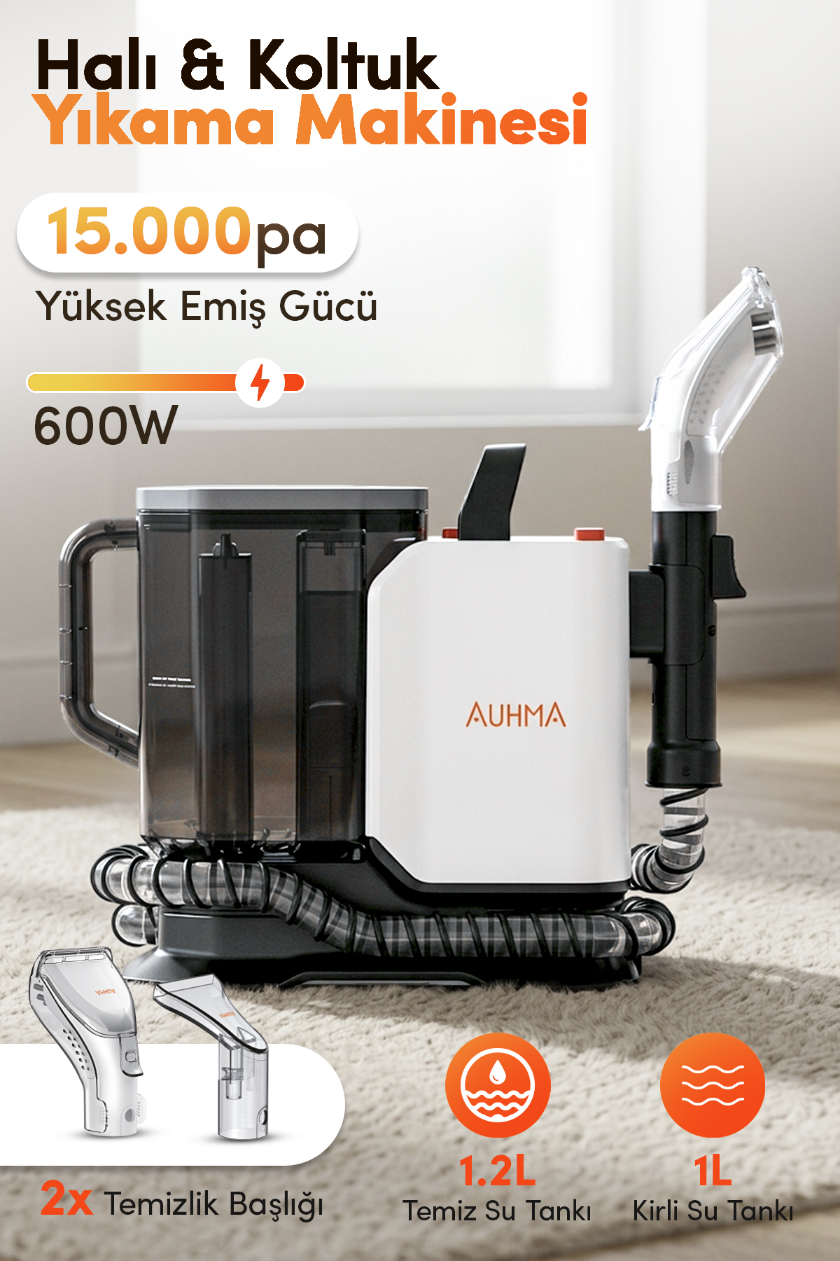 Auhma ASPT-04 AquaClean Pro 600 Halı & Koltuk Yıkama Makinesi 600W 15kPa Islak Kuru Spot Cleaner (Çift Tank, IPX4, Düşük Ses)