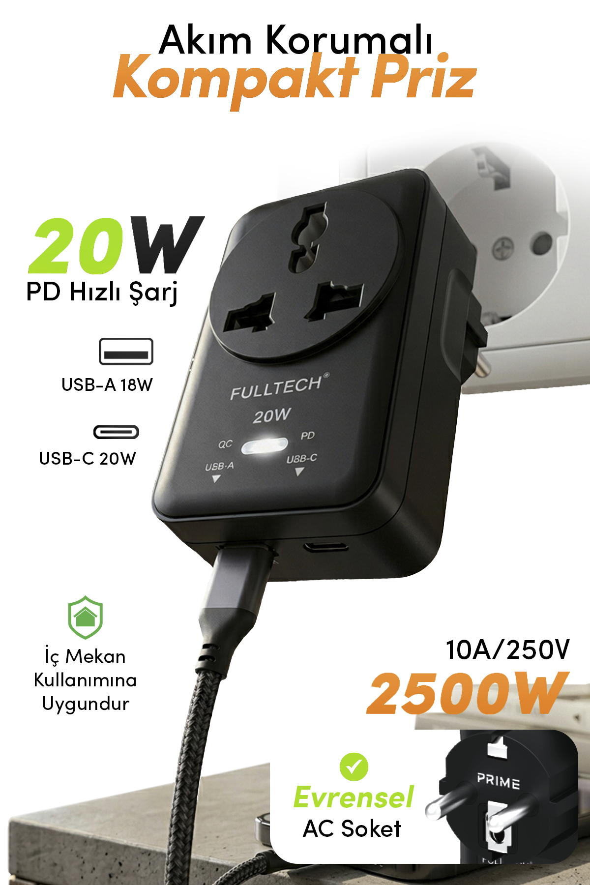 Fulltech FTR-27 20W PD Hızlı Şarjlı Akım Korumalı Kompakt Priz Siyah | USB-C & USB-A Çıkışlı 2500W Güçlü Duvar Prizi