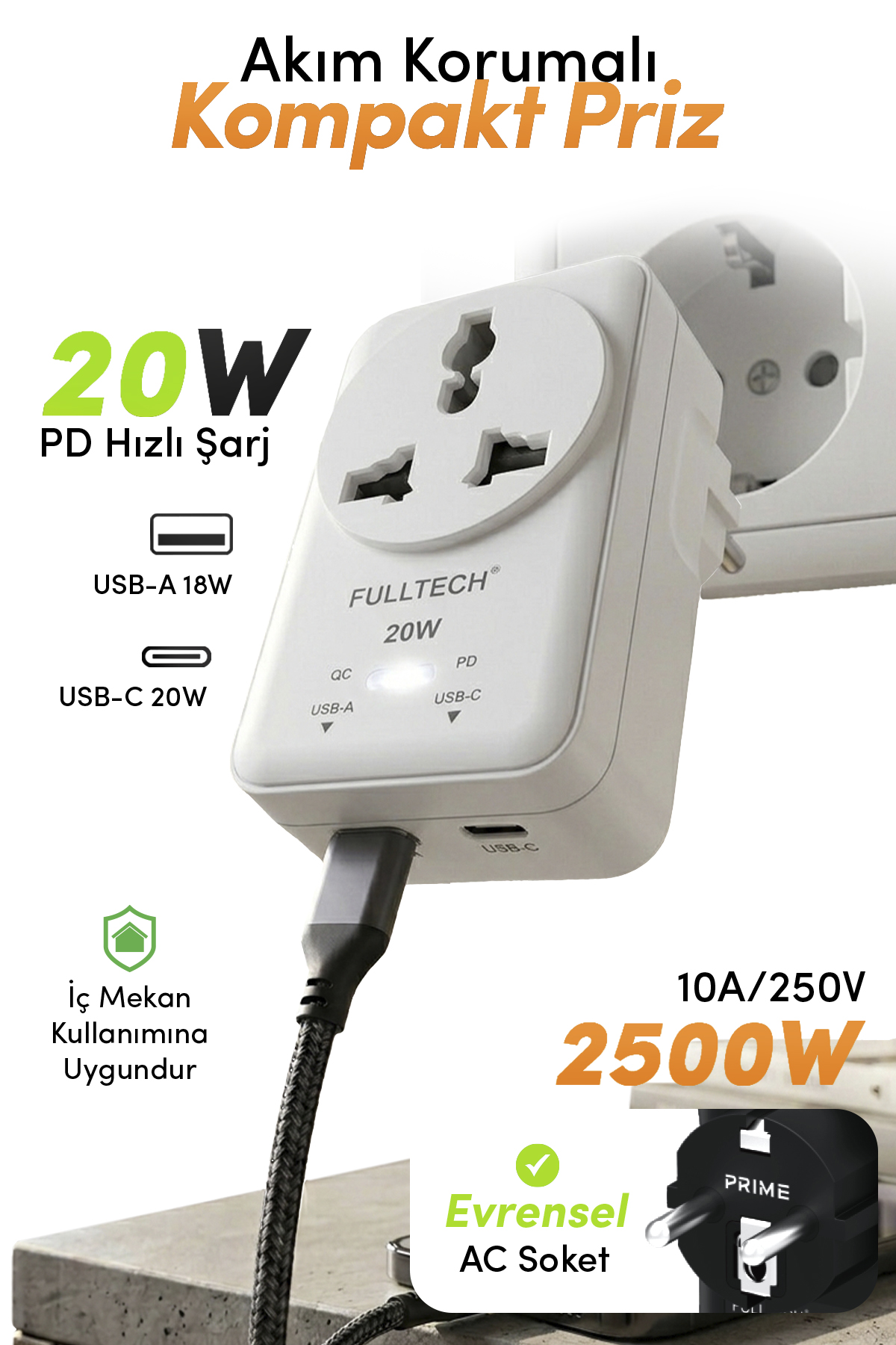 Fulltech FTR-27 20W PD Hızlı Şarjlı Akım Korumalı Kompakt Priz Beyaz | USB-C & USB-A Çıkışlı 2500W Güçlü Duvar Prizi