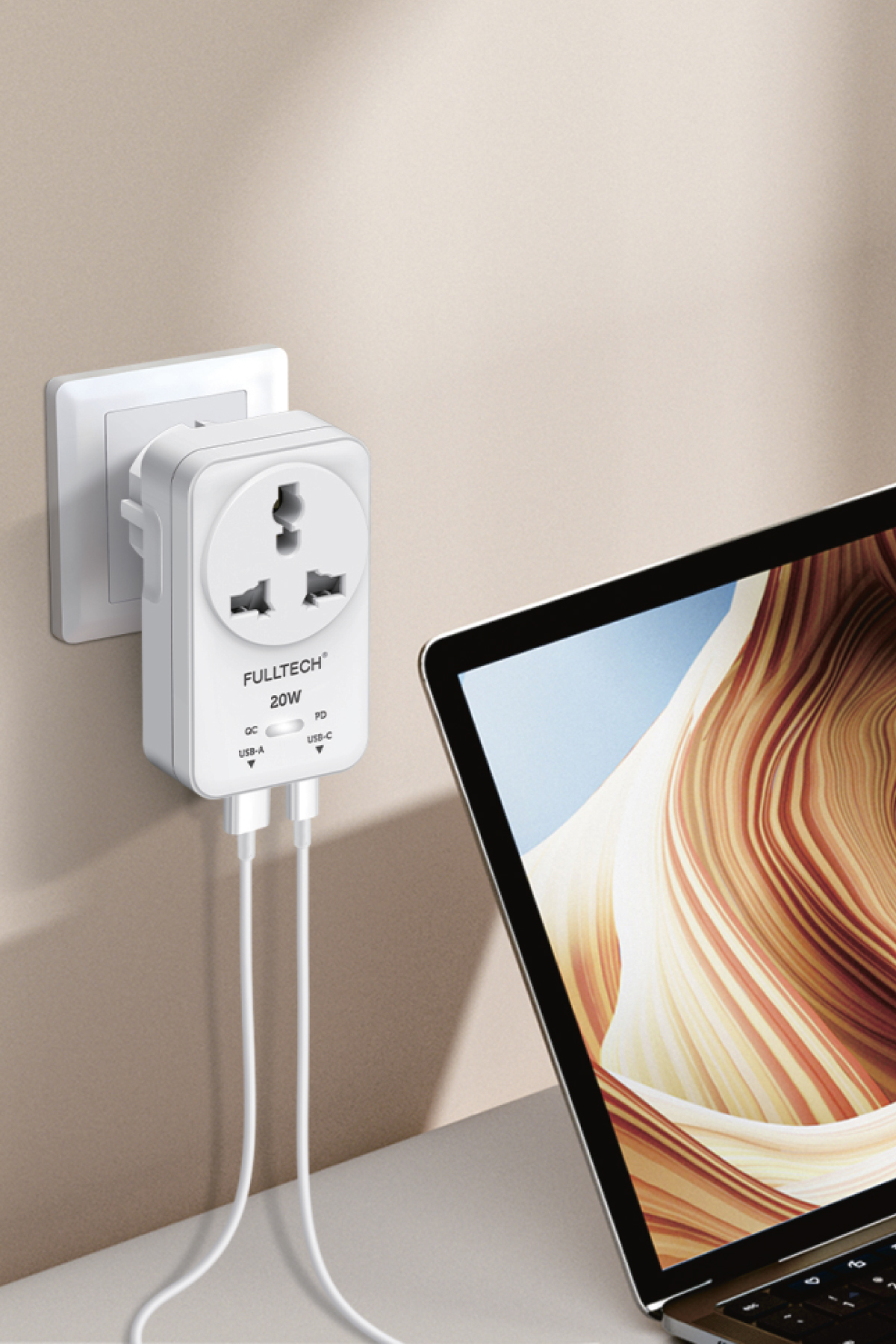 Fulltech FTR-27 20W PD Hızlı Şarjlı Akım Korumalı Kompakt Priz Beyaz | USB-C & USB-A Çıkışlı 2500W Güçlü Duvar Prizi