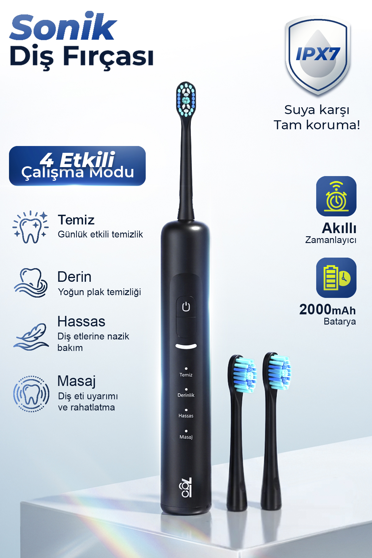 7GO 7GMF2 Sonic Elektrikli Diş Fırçası Siyah – 2000mAh, Type-C Şarjlı, IPX7 Su Geçirmez, 3 Modlu Şarjlı Diş Fırçası