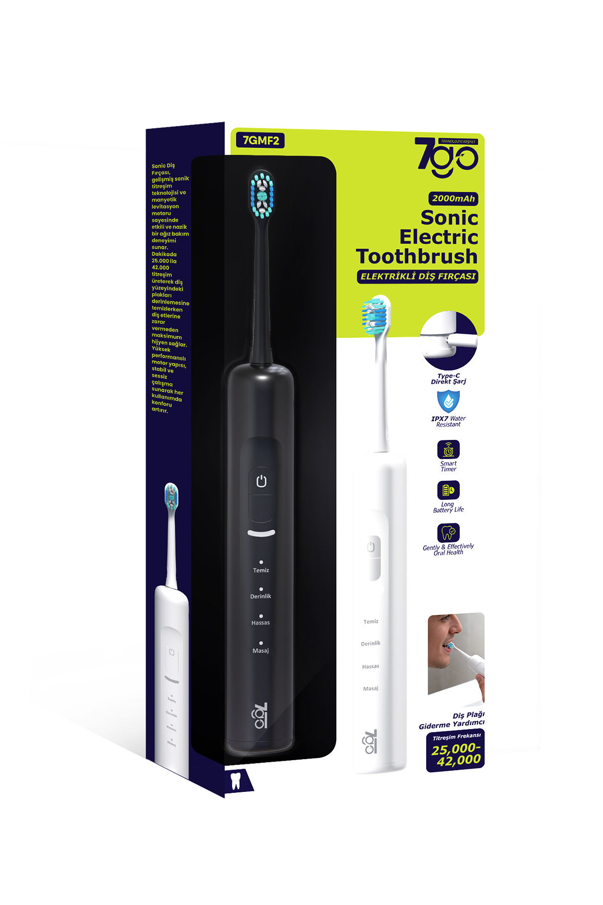 7GO 7GMF2 Sonic Elektrikli Diş Fırçası Siyah – 2000mAh, Type-C Şarjlı, IPX7 Su Geçirmez, 3 Modlu Şarjlı Diş Fırçası