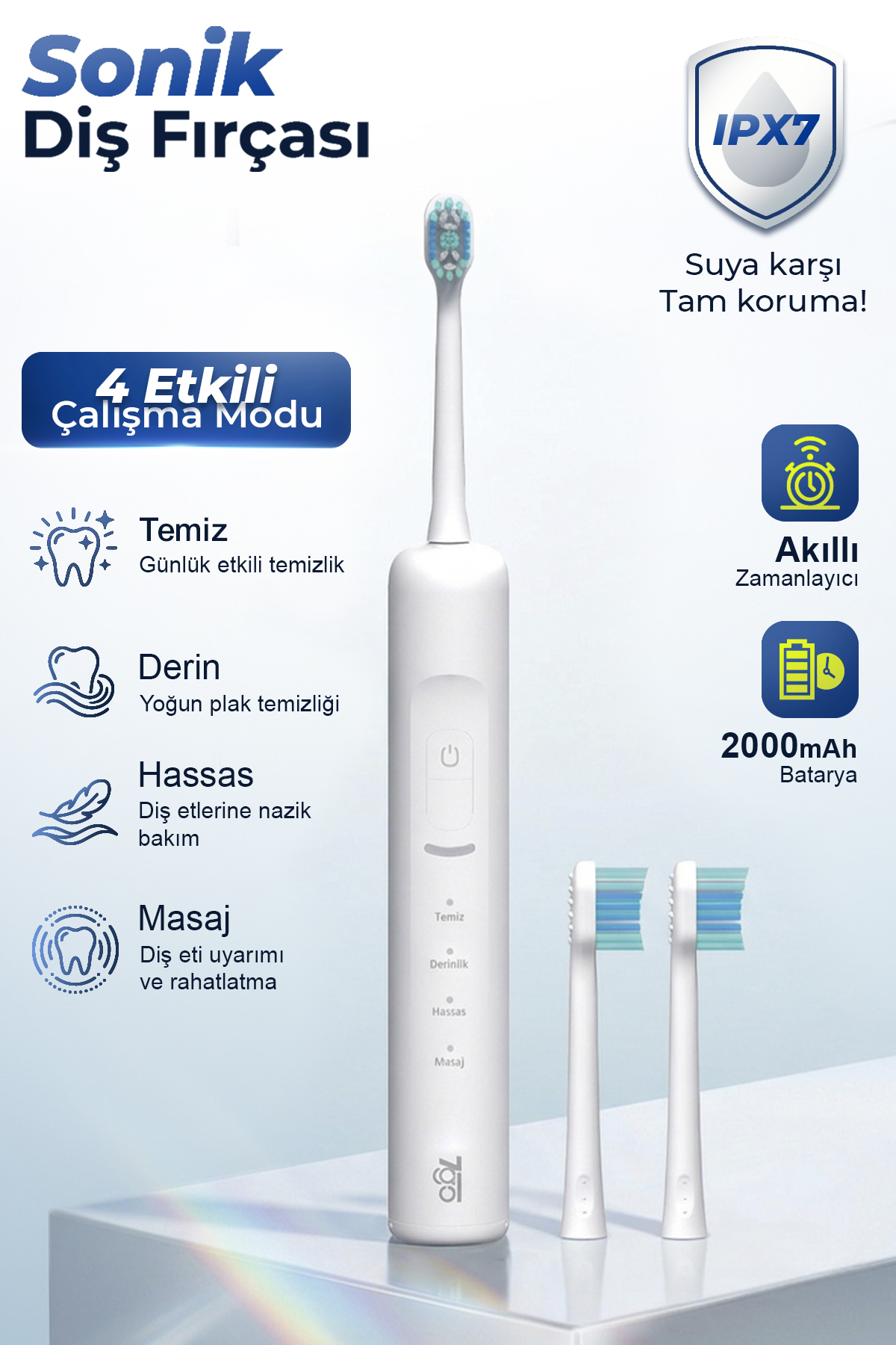 7GO 7GMF2 Sonic Elektrikli Diş Fırçası Beyaz – 2000mAh, Type-C Şarjlı, IPX7 Su Geçirmez, 3 Modlu Şarjlı Diş Fırçası