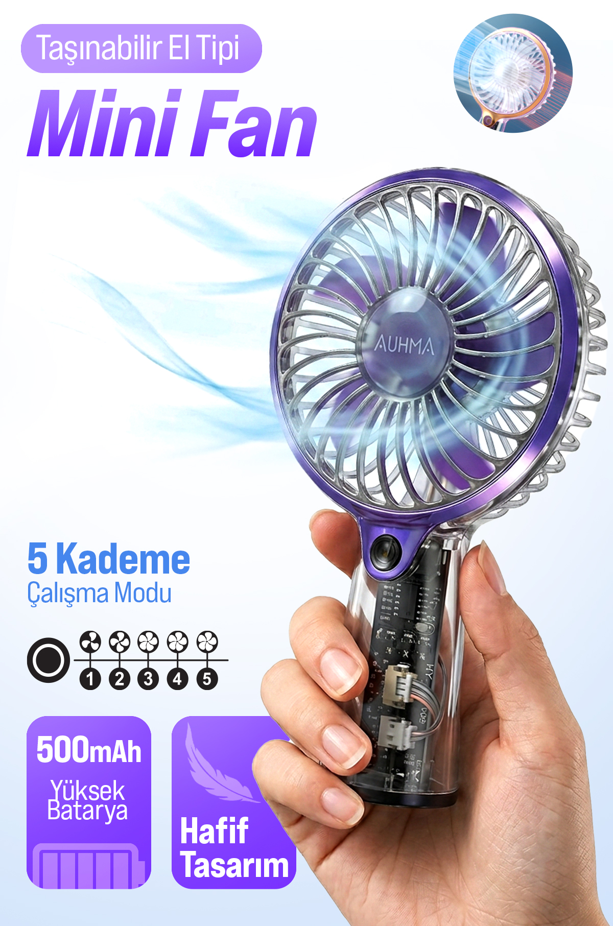 AUHMA AUFN04 Taşınabilir Mini El Fanı Mor – Şarjlı, Sessiz, 500mAh Type-C Kablosuz Mini Fan