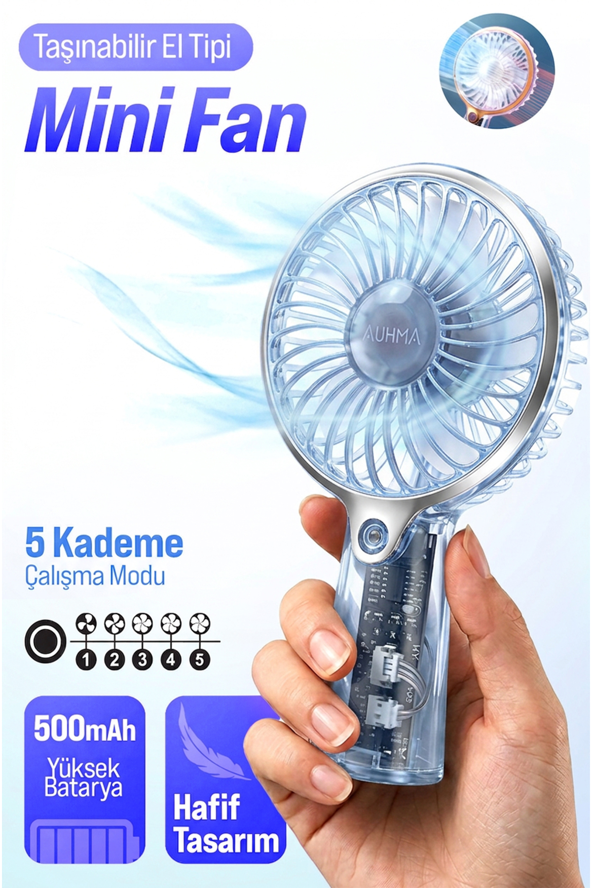 AUHMA AUFN04 Taşınabilir Mini El Fanı Mavi – Şarjlı, Sessiz, 500mAh Type-C Kablosuz Mini Fan