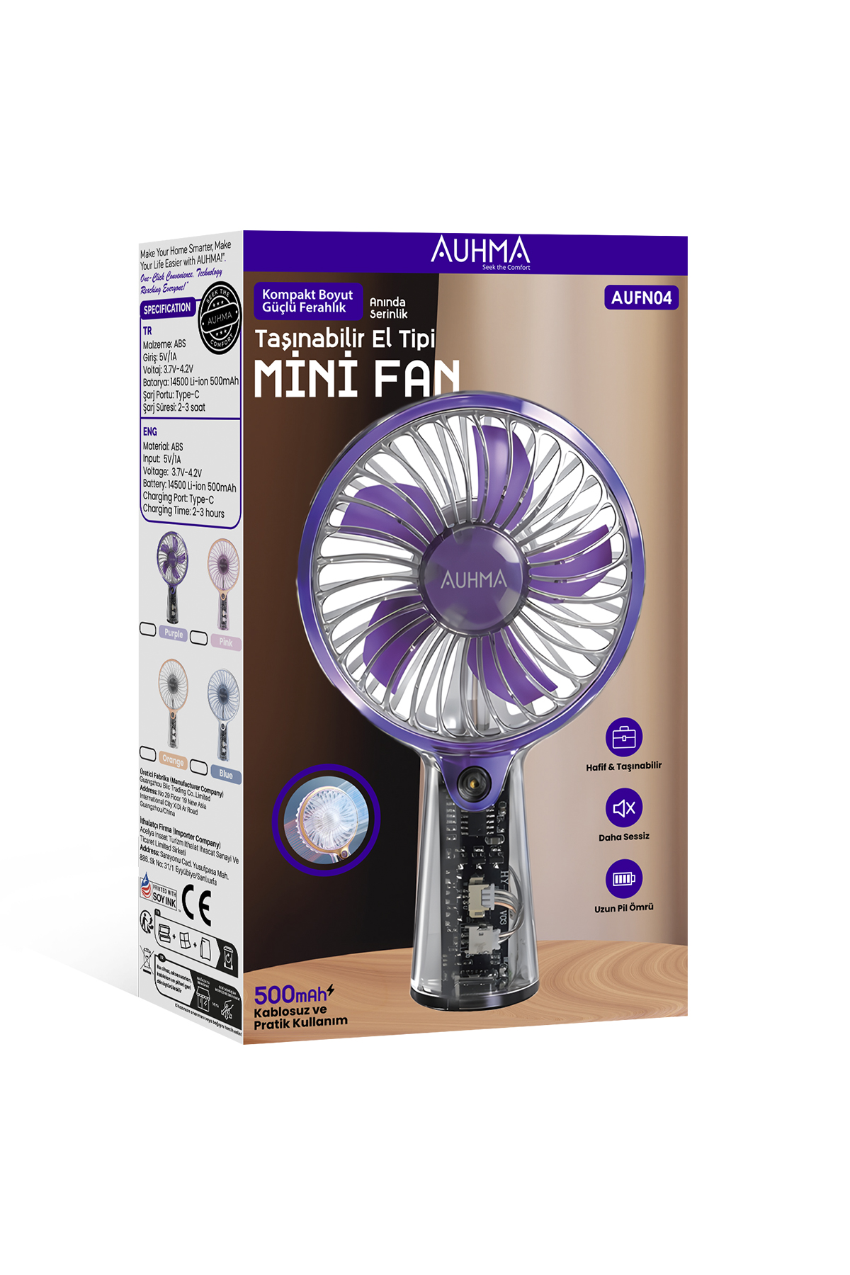 AUHMA AUFN04 Taşınabilir Mini El Fanı Mavi – Şarjlı, Sessiz, 500mAh Type-C Kablosuz Mini Fan