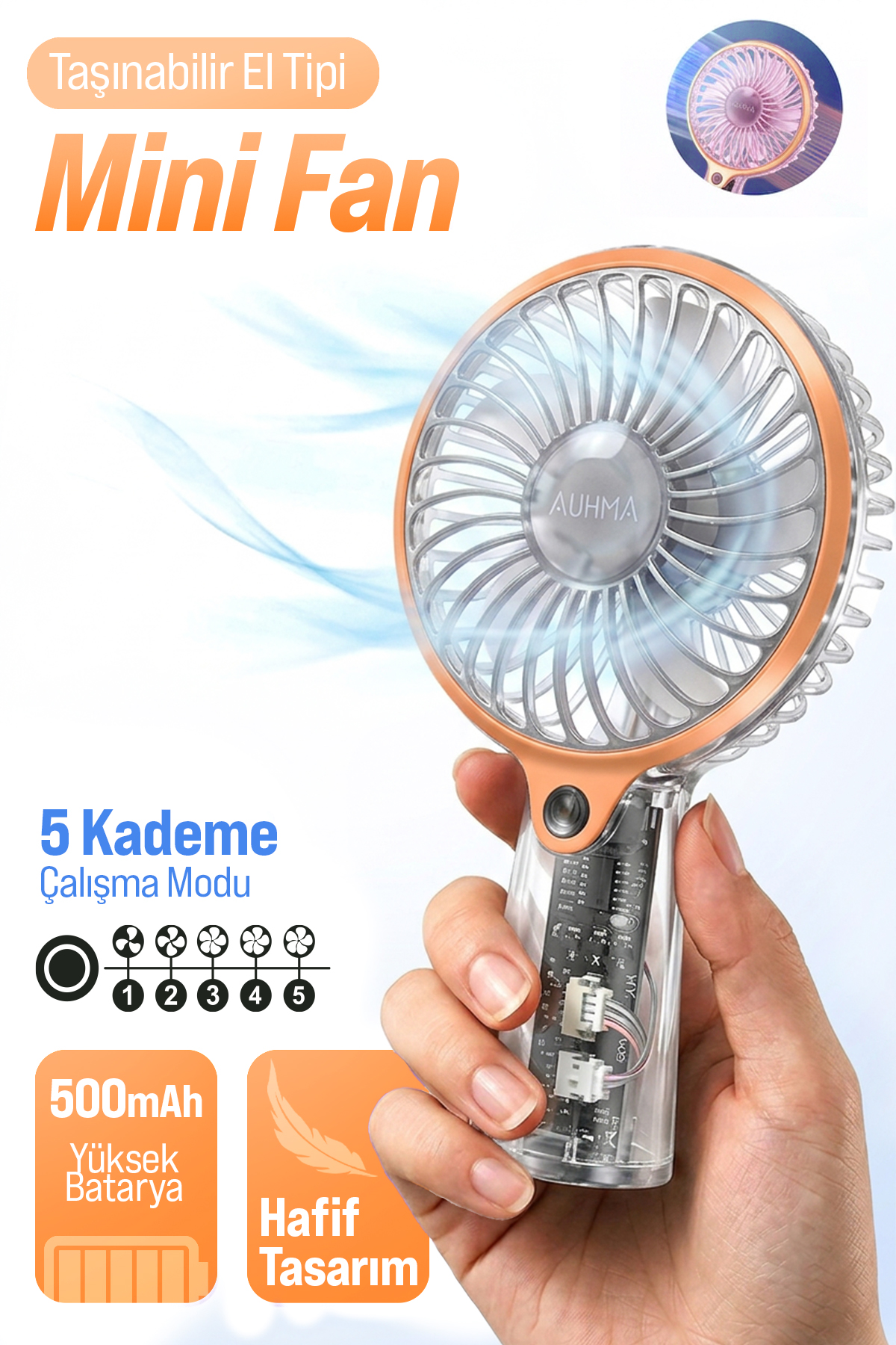 AUHMA AUFN04 Taşınabilir Mini El Fanı Turuncu – Şarjlı, Sessiz, 500mAh Type-C Kablosuz Mini Fan