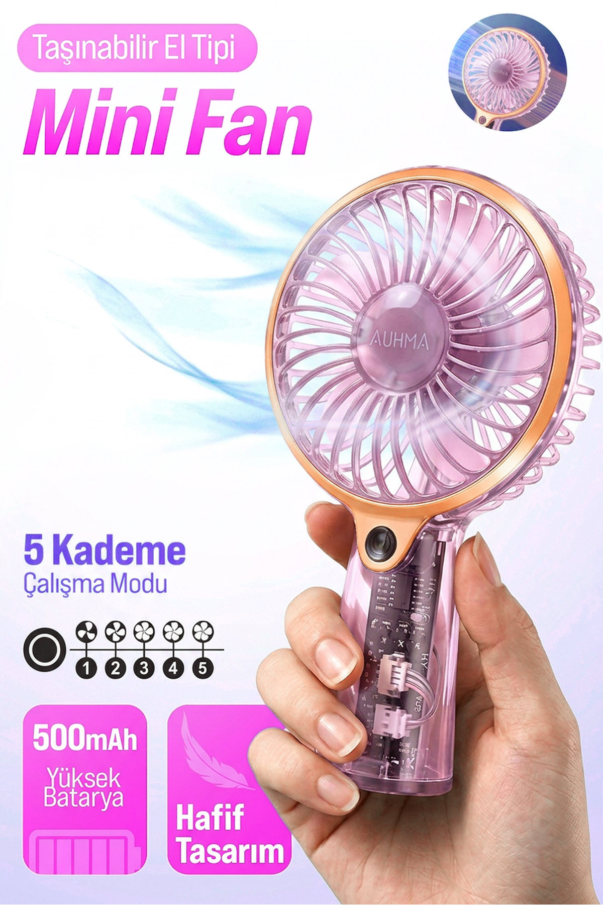 AUHMA AUFN04 Taşınabilir Mini El Fanı Pembe – Şarjlı, Sessiz, 500mAh Type-C Kablosuz Mini Fan