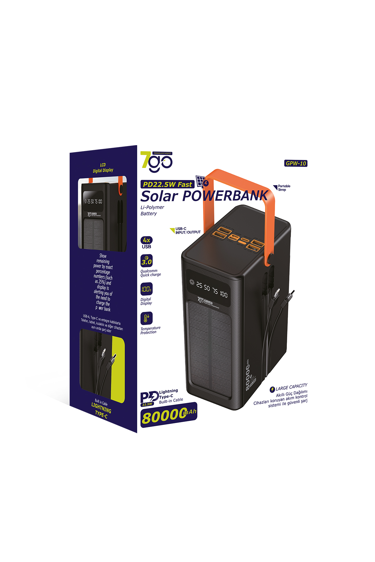 7GO GPW-10 80000mAh Güneş Enerjili Powerbank PD 22.5W Hızlı Şarj – Dahili Kablolu, 4 USB Çıkışlı Taşınabilir Şarj Cihazı