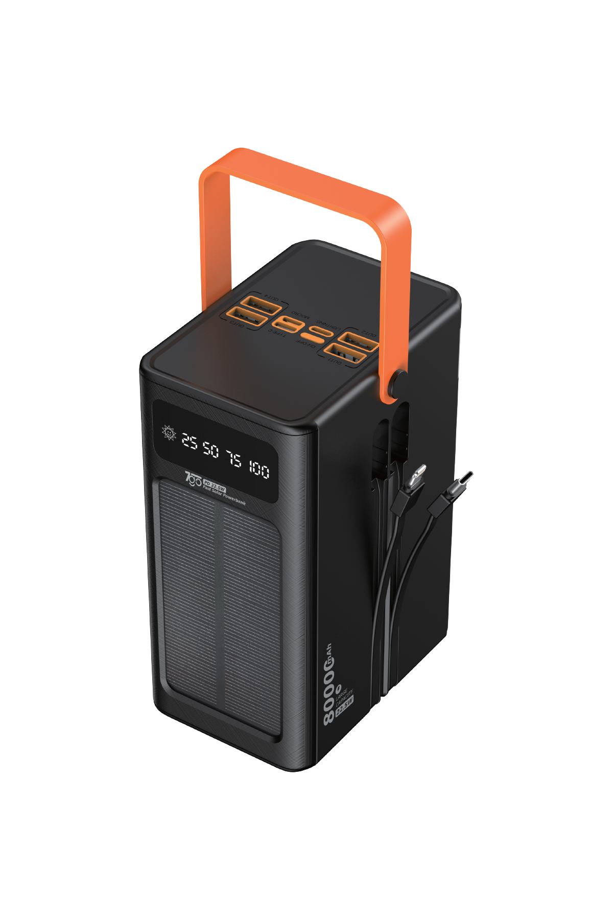 7GO GPW-10 80000mAh Güneş Enerjili Powerbank PD 22.5W Hızlı Şarj – Dahili Kablolu, 4 USB Çıkışlı Taşınabilir Şarj Cihazı