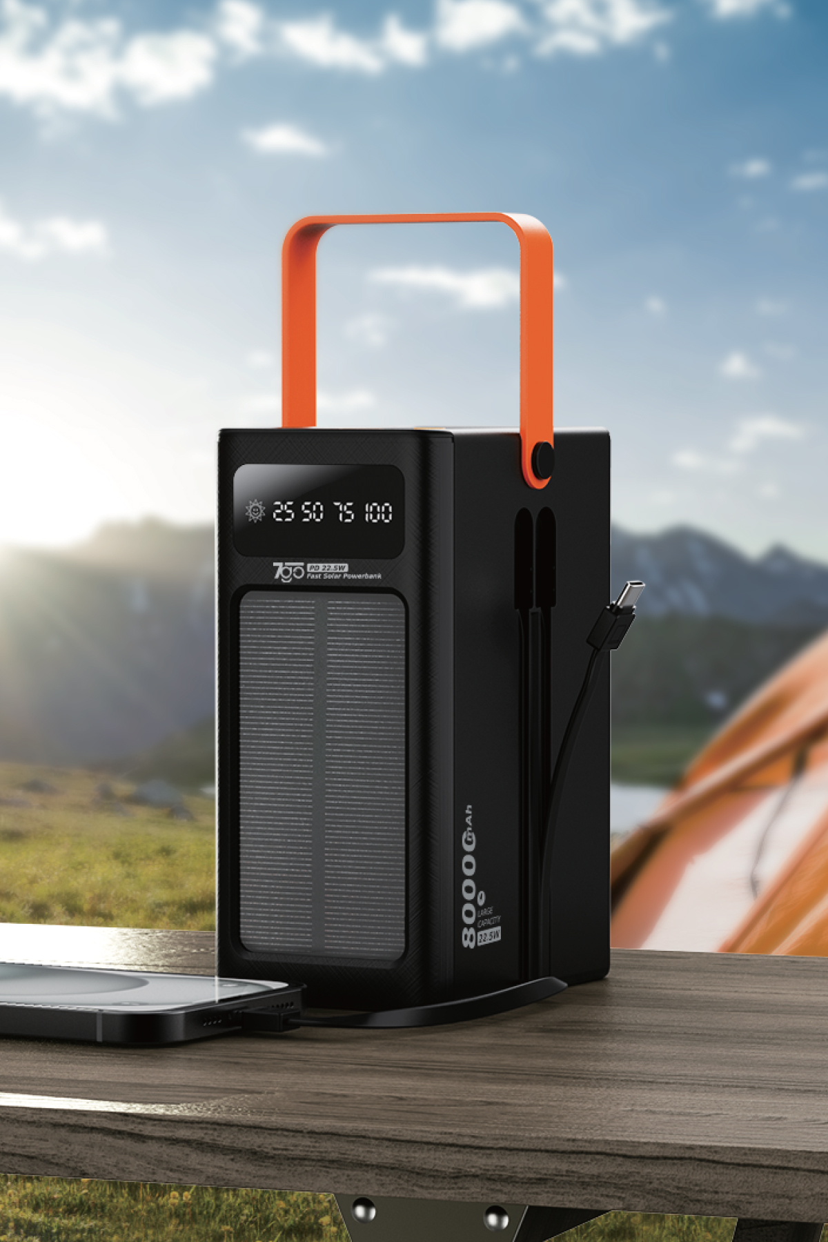 7GO GPW-10 80000mAh Güneş Enerjili Powerbank PD 22.5W Hızlı Şarj – Dahili Kablolu, 4 USB Çıkışlı Taşınabilir Şarj Cihazı