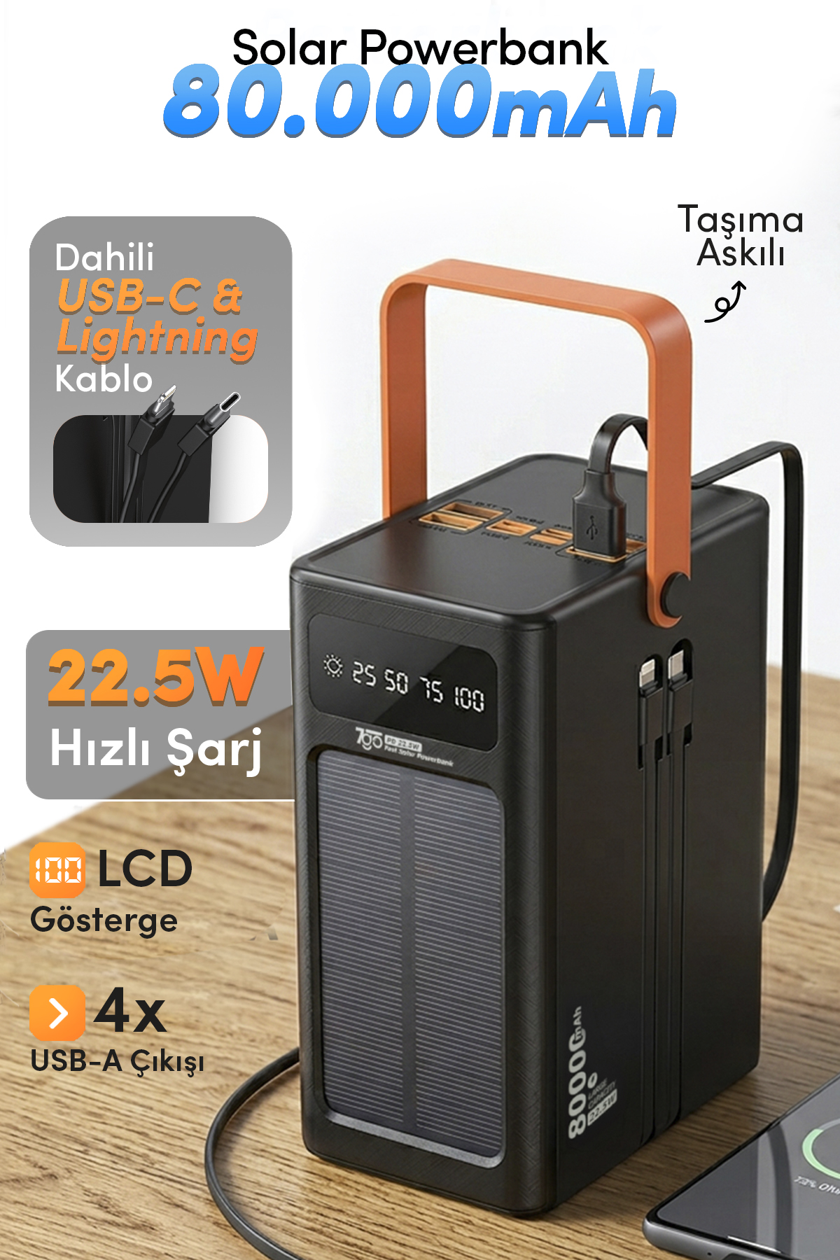 7GO GPW-10 80000mAh Güneş Enerjili Powerbank PD 22.5W Hızlı Şarj – Dahili Kablolu, 4 USB Çıkışlı Taşınabilir Şarj Cihazı