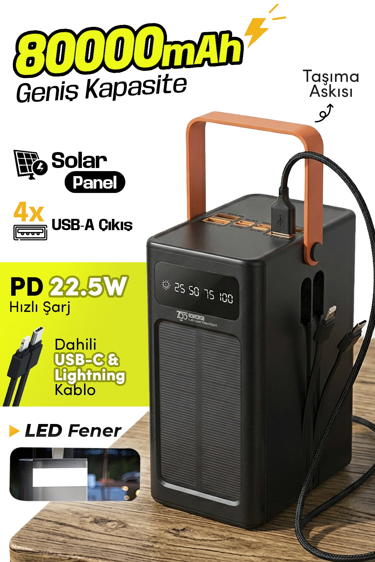 7GO GPW-10 80000mAh Güneş Enerjili Powerbank PD 22.5W Hızlı Şarj – Dahili Kablolu, 4 USB Çıkışlı Taşınabilir Şarj Cihazı
