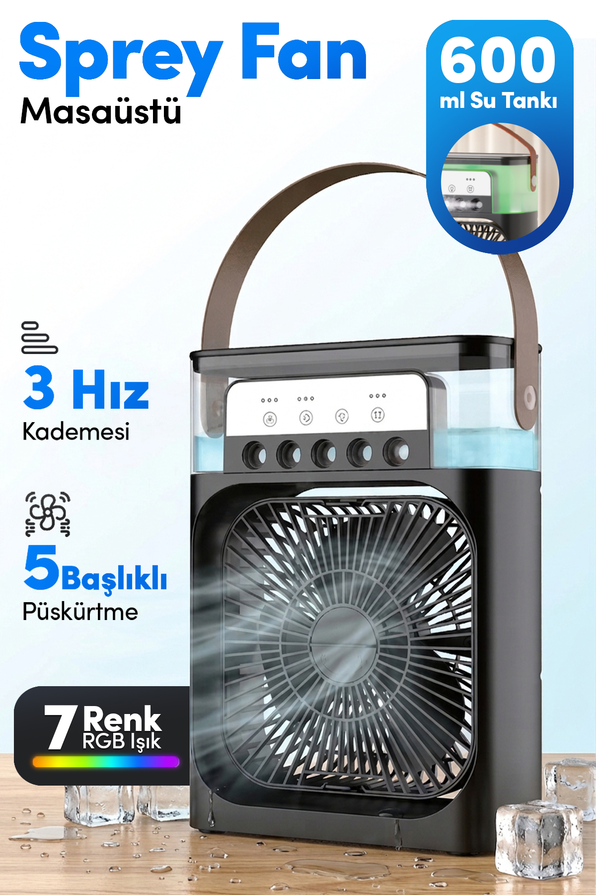 Blic BWFN10 5 Başlıklı Buharlı Klima Fanı 600ML Su Hazneli Siyah | USB-C Şarjlı Masaüstü Air Cooler Fan 10W 3 Kademeli 7 Renk LED
