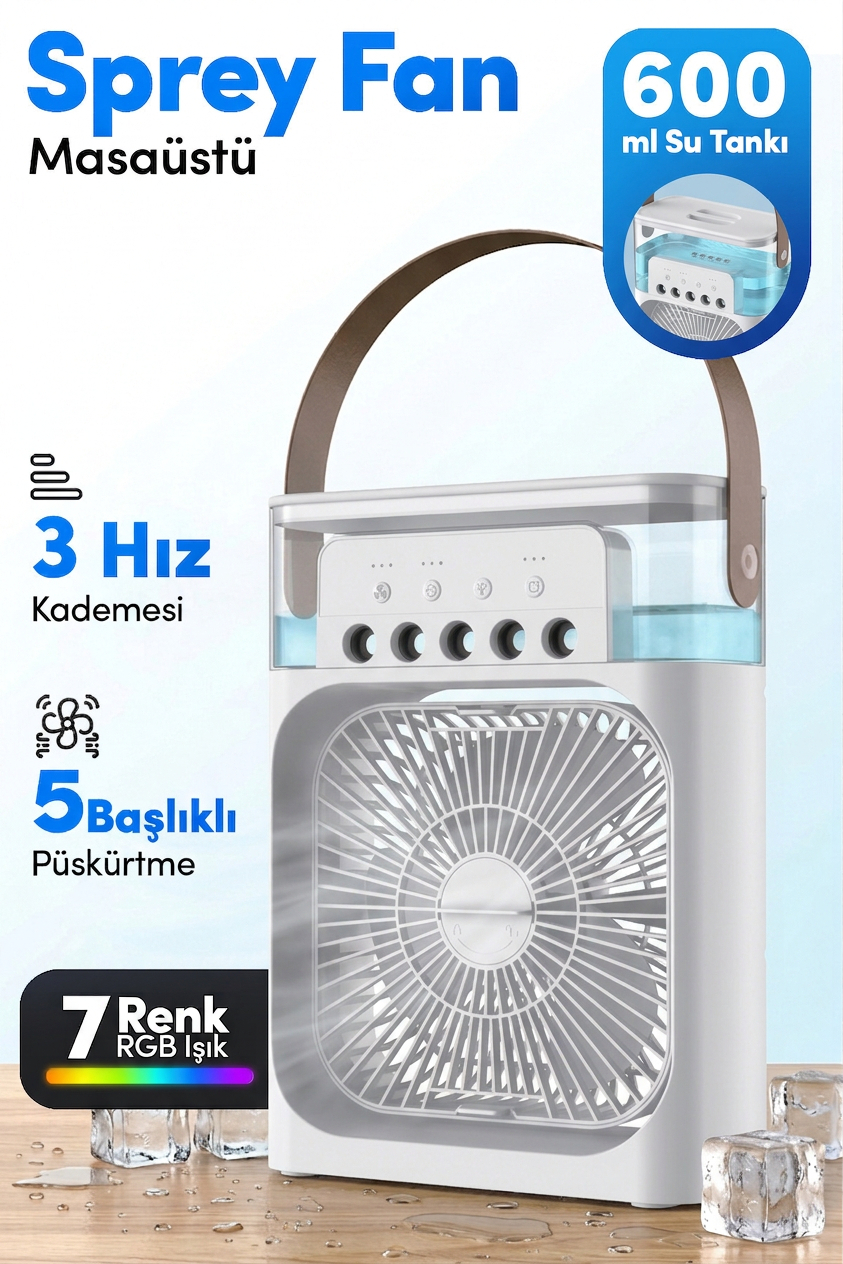 Blic BWFN10 5 Başlıklı Buharlı Klima Fanı 600ML Su Hazneli Beyaz | USB-C Şarjlı Masaüstü Air Cooler Fan 10W 3 Kademeli 7 Renk LED