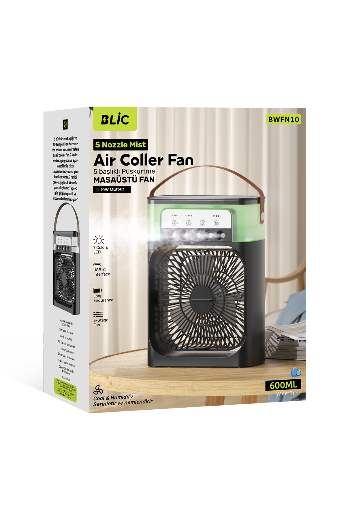 Blic BWFN10 5 Başlıklı Buharlı Klima Fanı 600ML Su Hazneli Beyaz | USB-C Şarjlı Masaüstü Air Cooler Fan 10W 3 Kademeli 7 Renk LED
