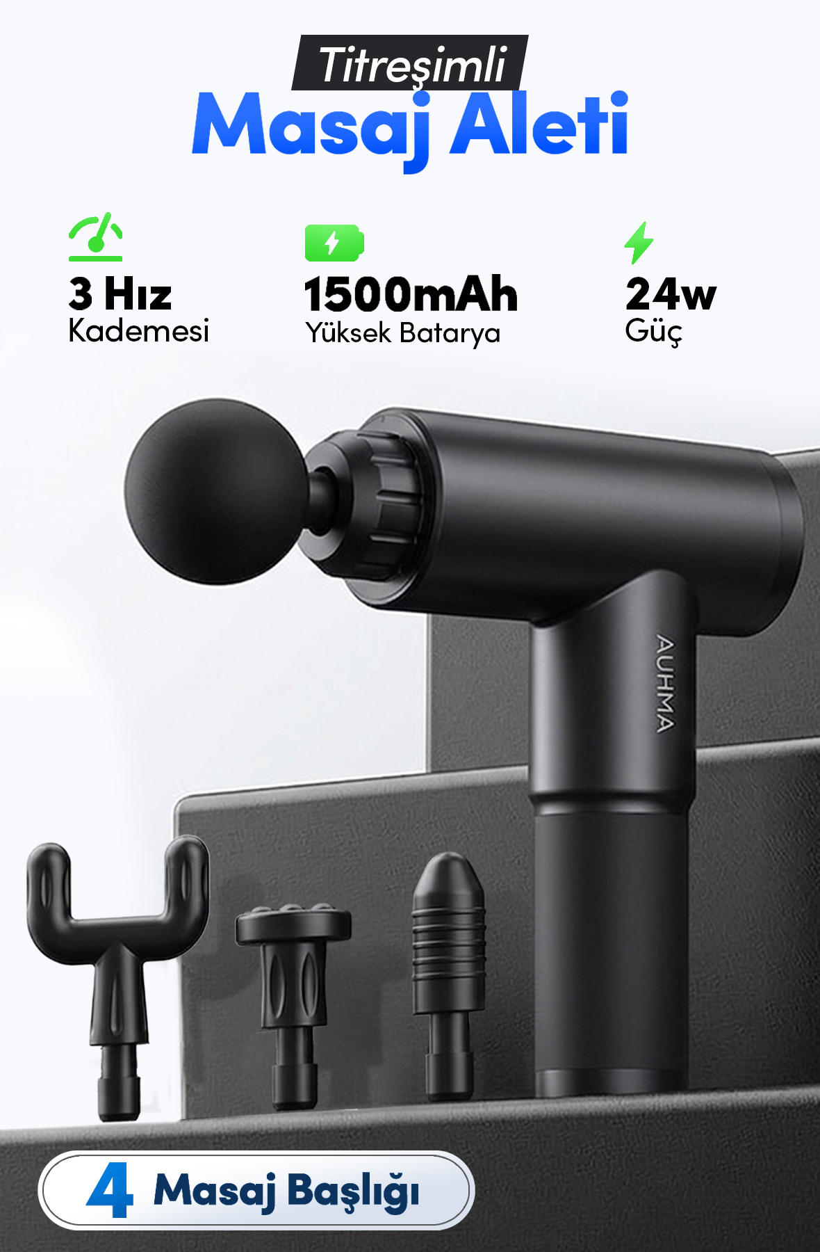 Auhma AMG35 Şarjlı Masaj Tabancası 24W | 3 Kademeli Titreşimli Massage Gun | 4 Başlıklı Profesyonel Kas Rahatlatıcı