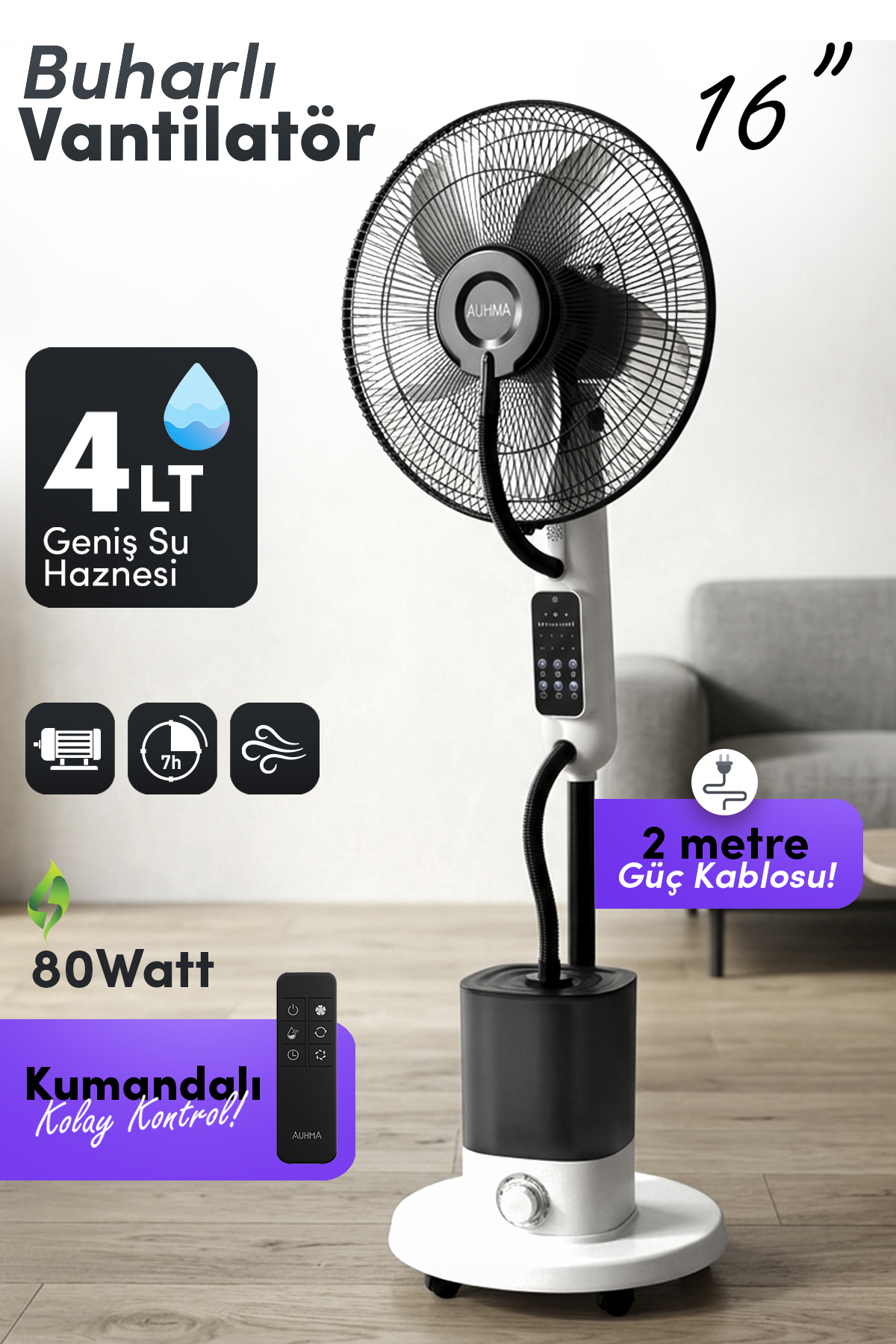 AUHMA ACFN10 16 İnç Buharlı Vantilatör Uzaktan Kumandalı 4L Su Depolu Mist Fan