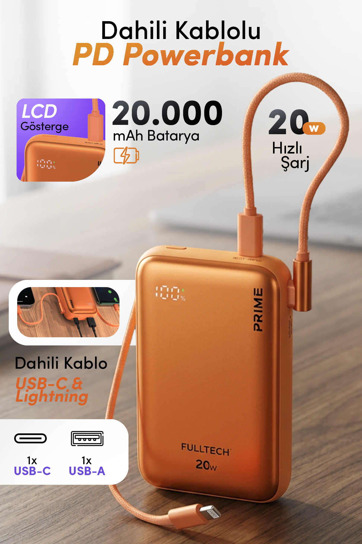 Fulltech FP48 20000 mAh Powerbank USB-C & Lightning Kablolu 20W Fast Charge Taşınabilir Şarj