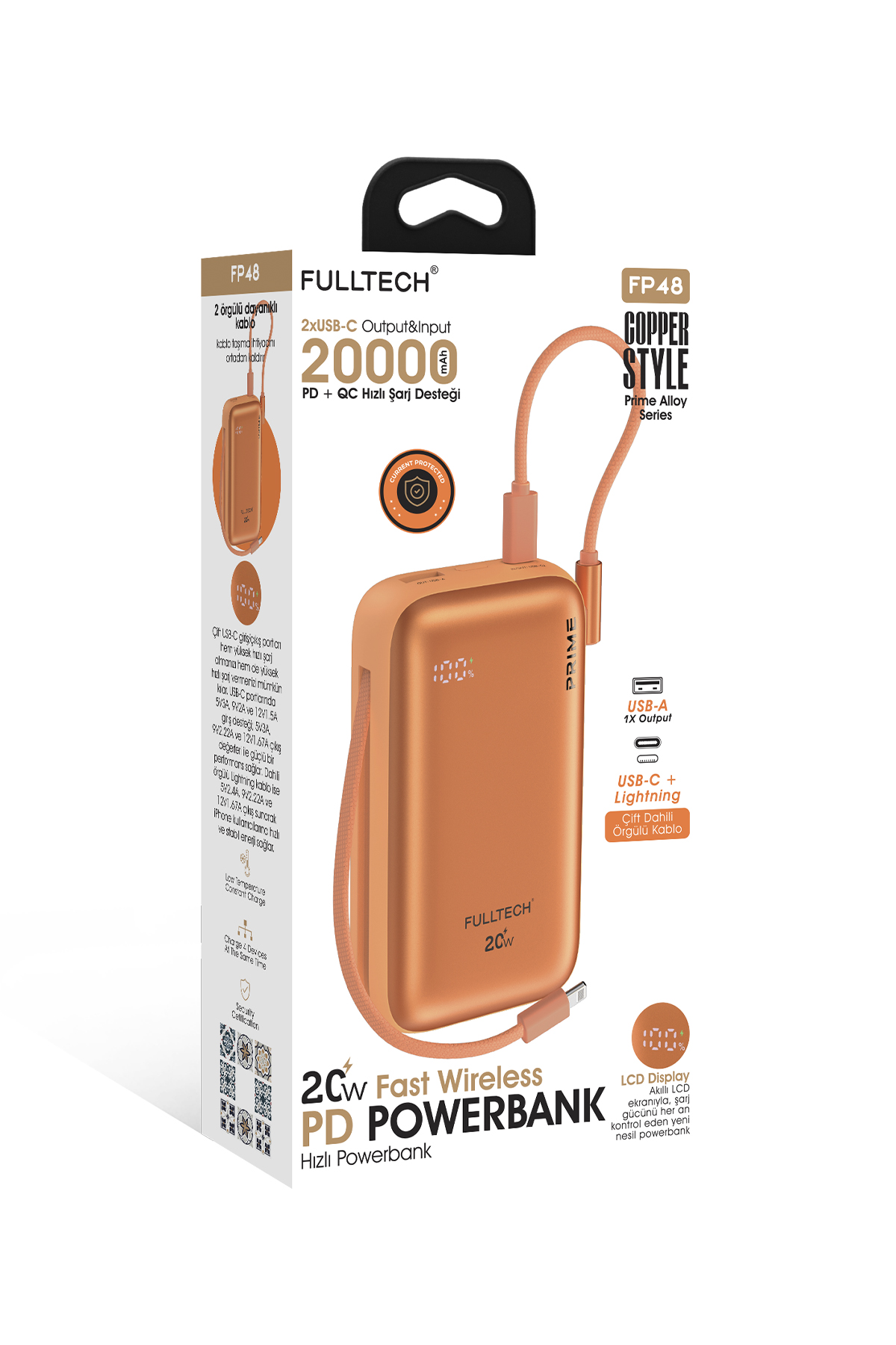 Fulltech FP48 20000 mAh Powerbank USB-C & Lightning Kablolu 20W Fast Charge Taşınabilir Şarj