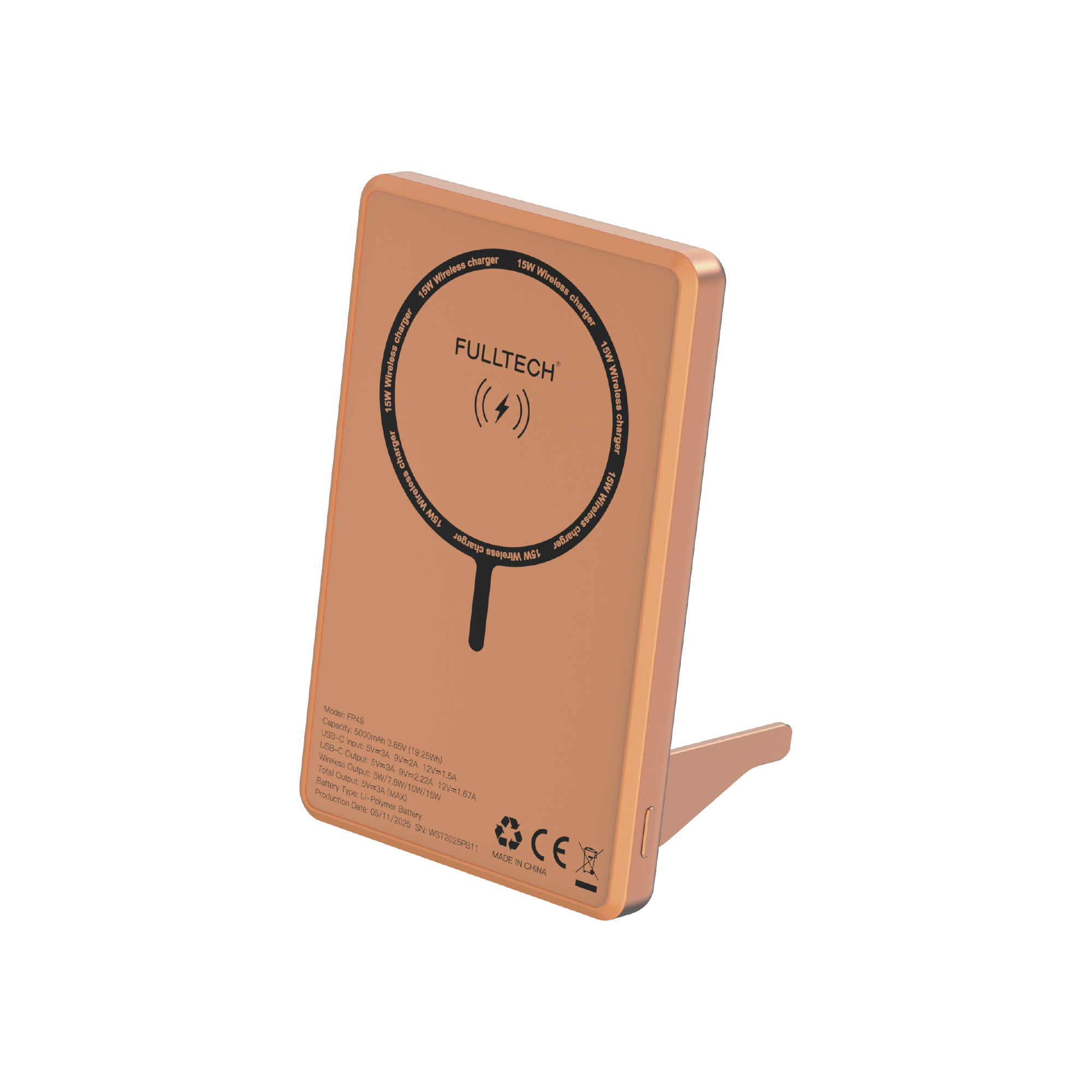 Fulltech FP49 5000 mAh MagSafe Uyumlu Kablosuz Powerbank Turuncu 15W Hızlı Şarjlı Taşınabilir Şarj Cihazı